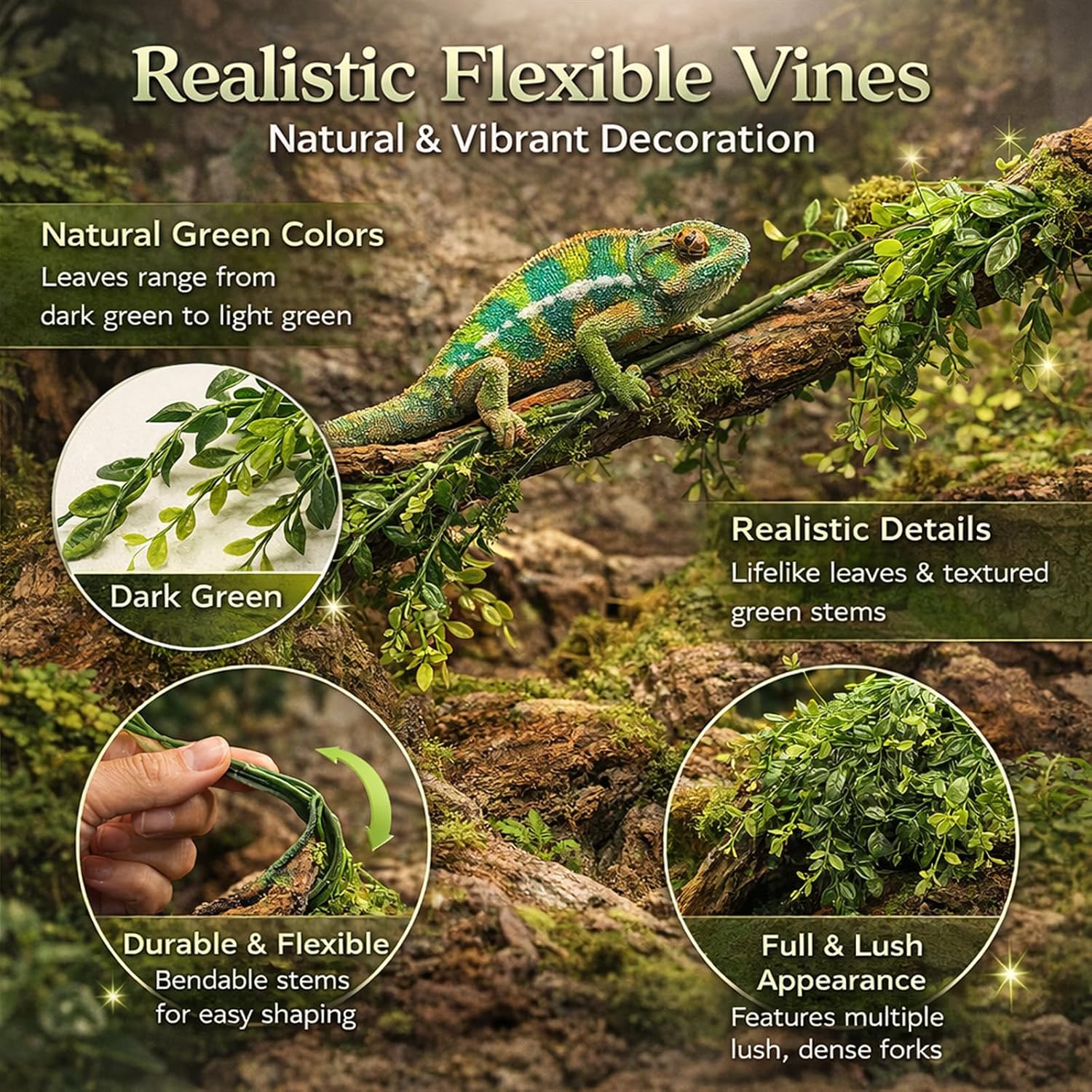 HERCOCCI 2 Pack Reptile Plants, Terrarium Hanging Plants Vines Artificial Leaves Habitat Decorations with Suction Cup for Bearded Dragon Hermit Crab Lizard Snake Geckos Chameleon - Happypetzone.online - Image 2