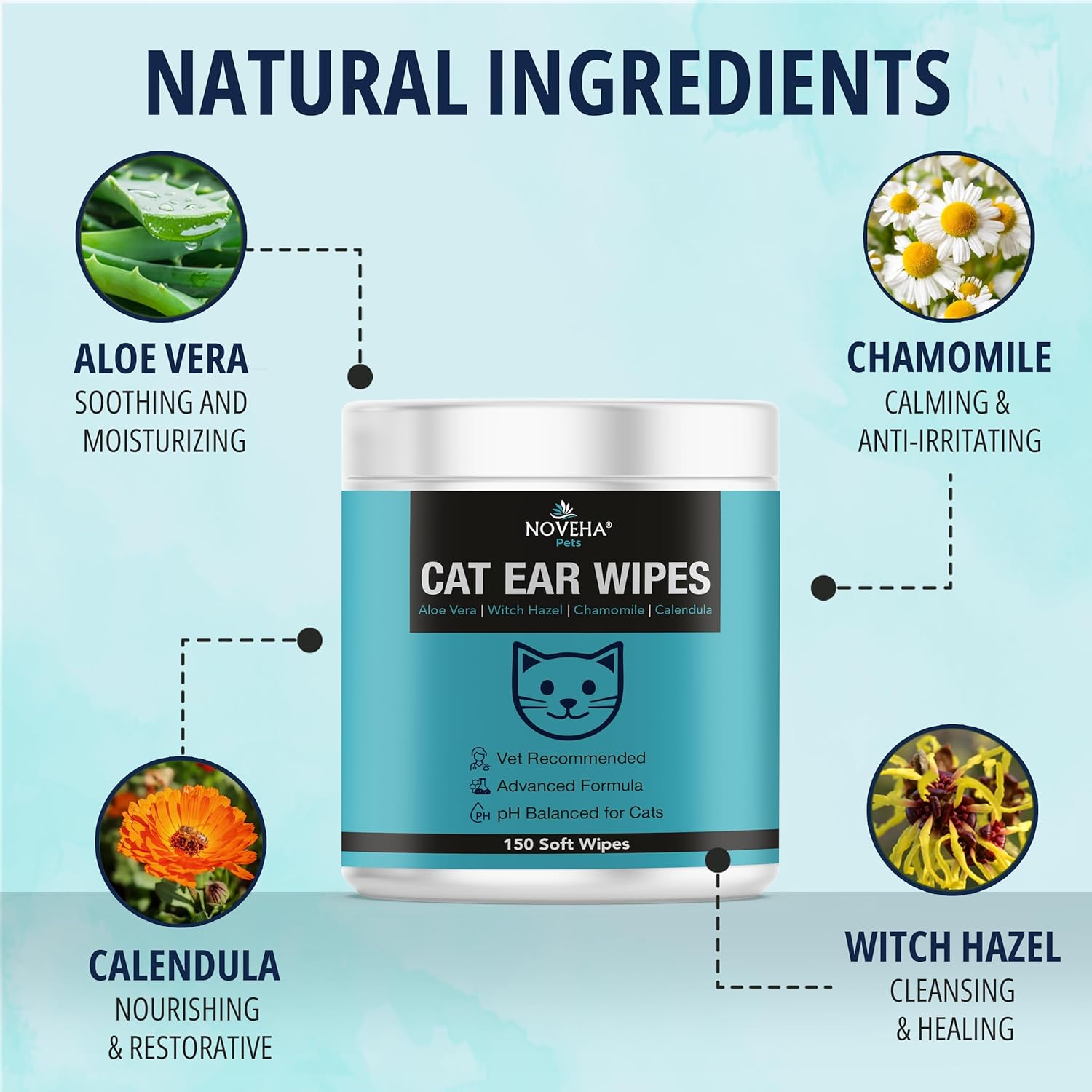 NOVEHA 150 PCs Cat Ear Wipes that Gently Clean & Soothe Sensitive Cat Ears; Soft Ear Cleaner for Removing Wax, Dirt & Odor; Alcohol-Free Ear Care with pH Balanced Formula; Unscented Grooming Care - Happypetzone.online - Image 3