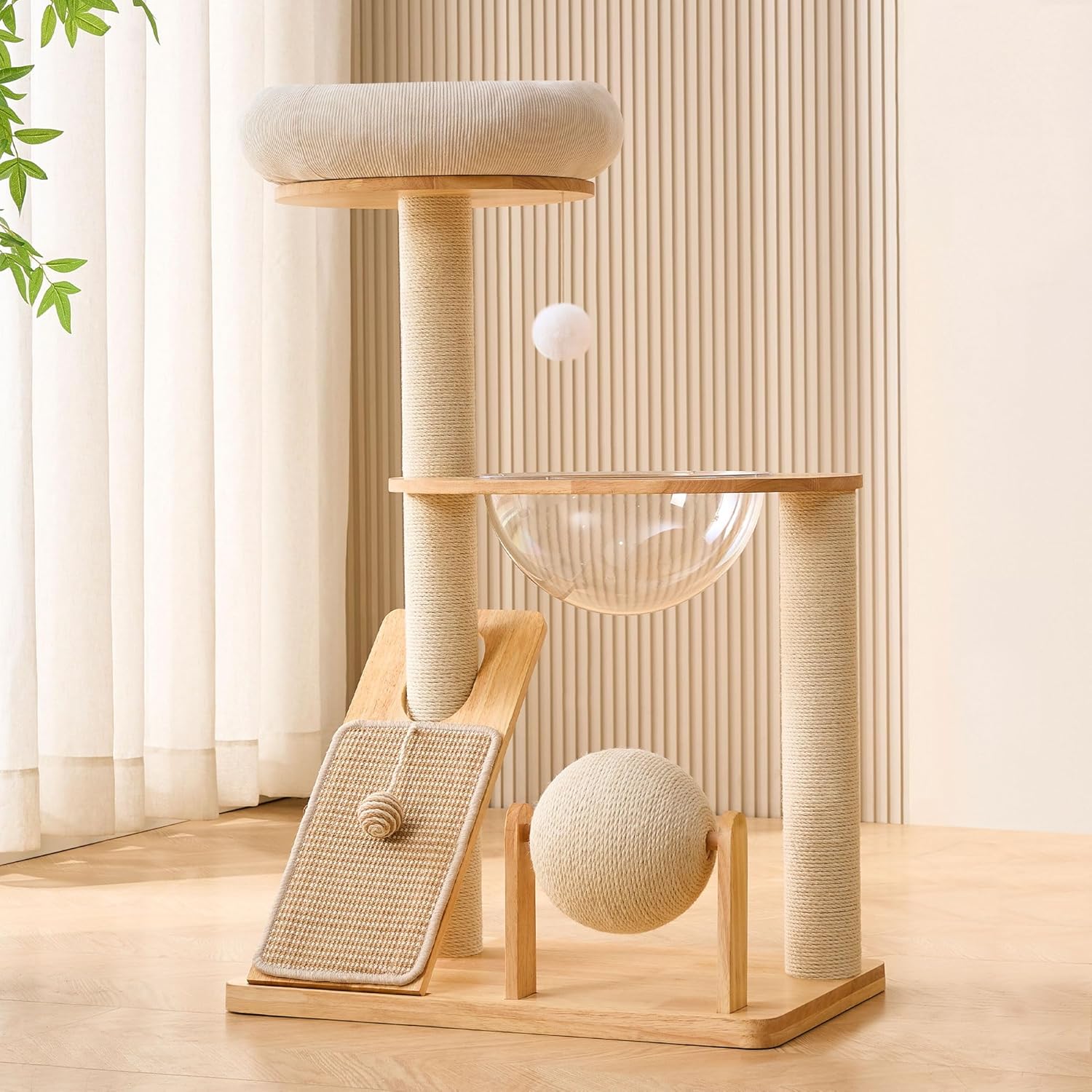 HITTITE Solid Wood Cat Tree Tower with Scratching Post, 37.8 Inches Tall Cat Towers with Scratching Board and Scratcher Ball, Modern Cat Tower With Space Capsule and Removable Top Bed for Indoor Cats. - Happypetzone.online - Image 2