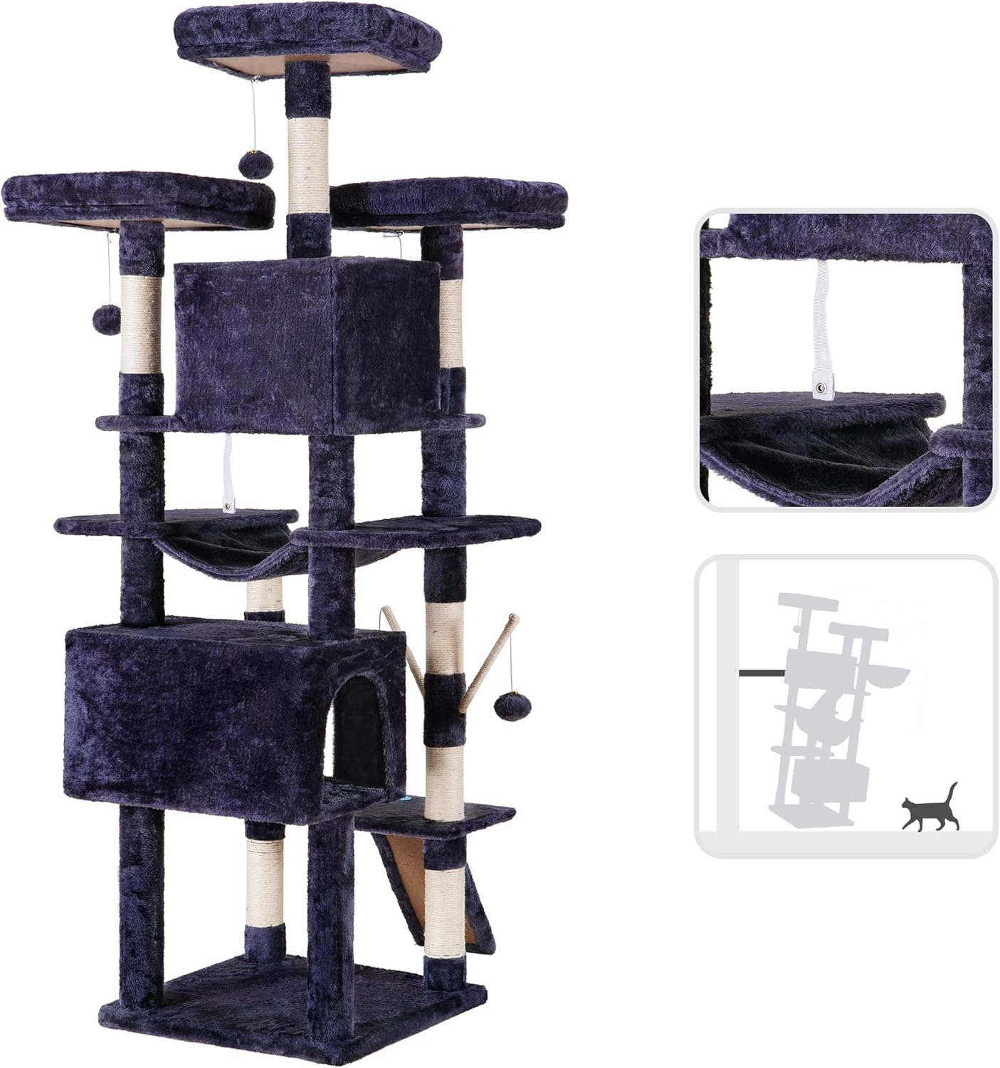 Hey-brother Cat Tree, 71 inches XL Large Cat Tower for Indoor Cats, Multi-Level Cat House with 3 Padded Perches, Big Scratcher, Cozy Basket, 2 Cat Condos and Scratching Posts, Smoky Gray MPJ034G - Happypetzone.online - Image 6