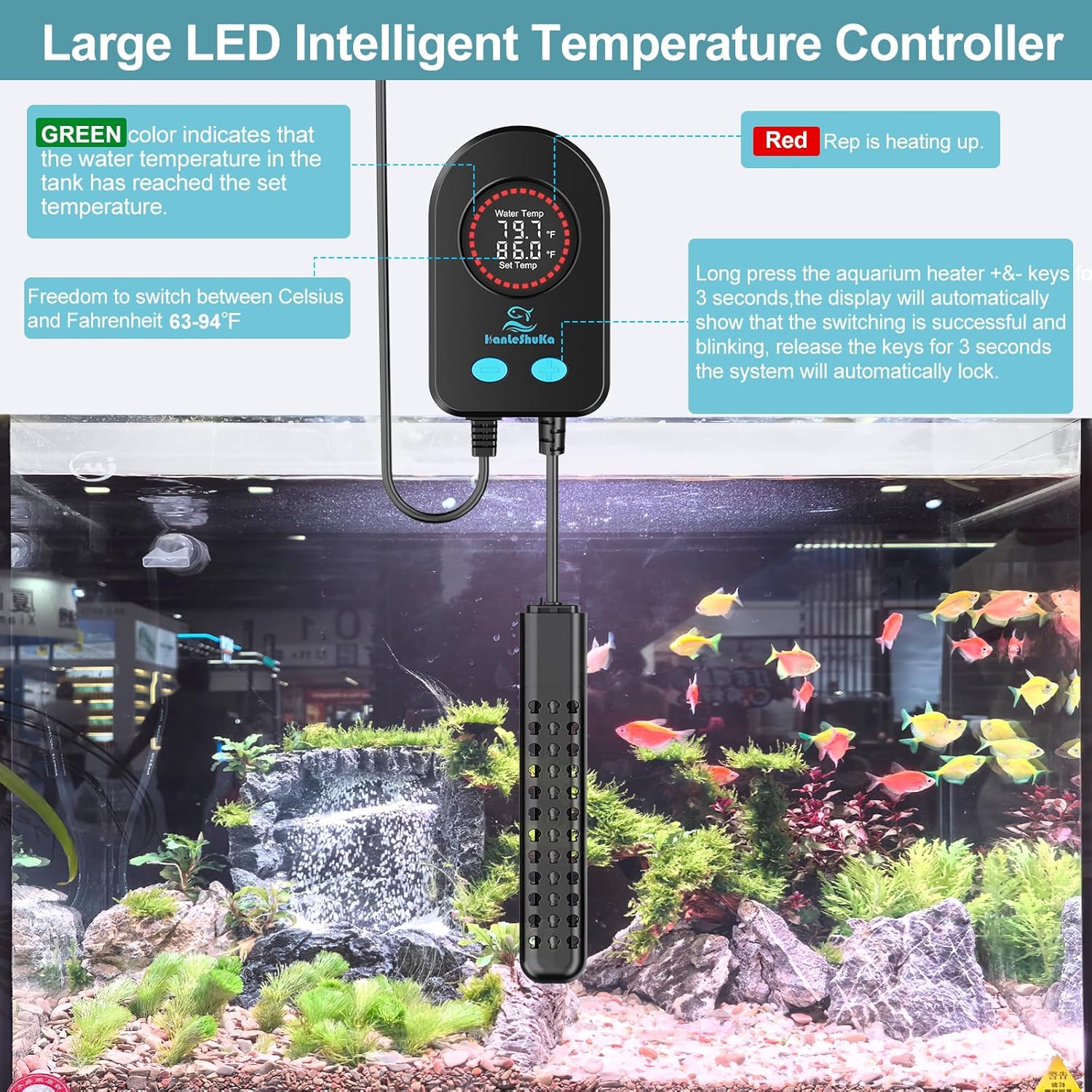 100W Aquarium Heater for 10-20 Gallon with Auto Shut-Off When Leaving Water—Submersible Fish Tank Heater, Dry-Burn & Overheat Protection, Explosion-Proof, Freshwater Saltwater Turtle Tank - Happypetzone.online - Image 3