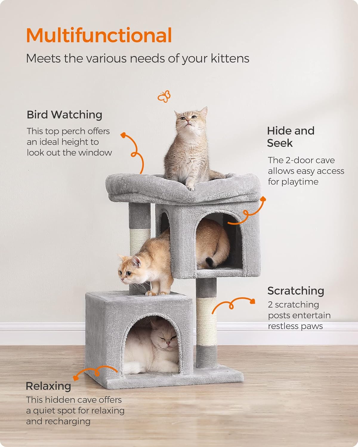 Feandrea Cat Tree, 26.4-Inch Cat Tower, Plush Condo for Kittens up to 7 lb, Large Perch, 2 Caves, Scratching Post, Light Gray UPCT611W01 - Happypetzone.online - Image 4