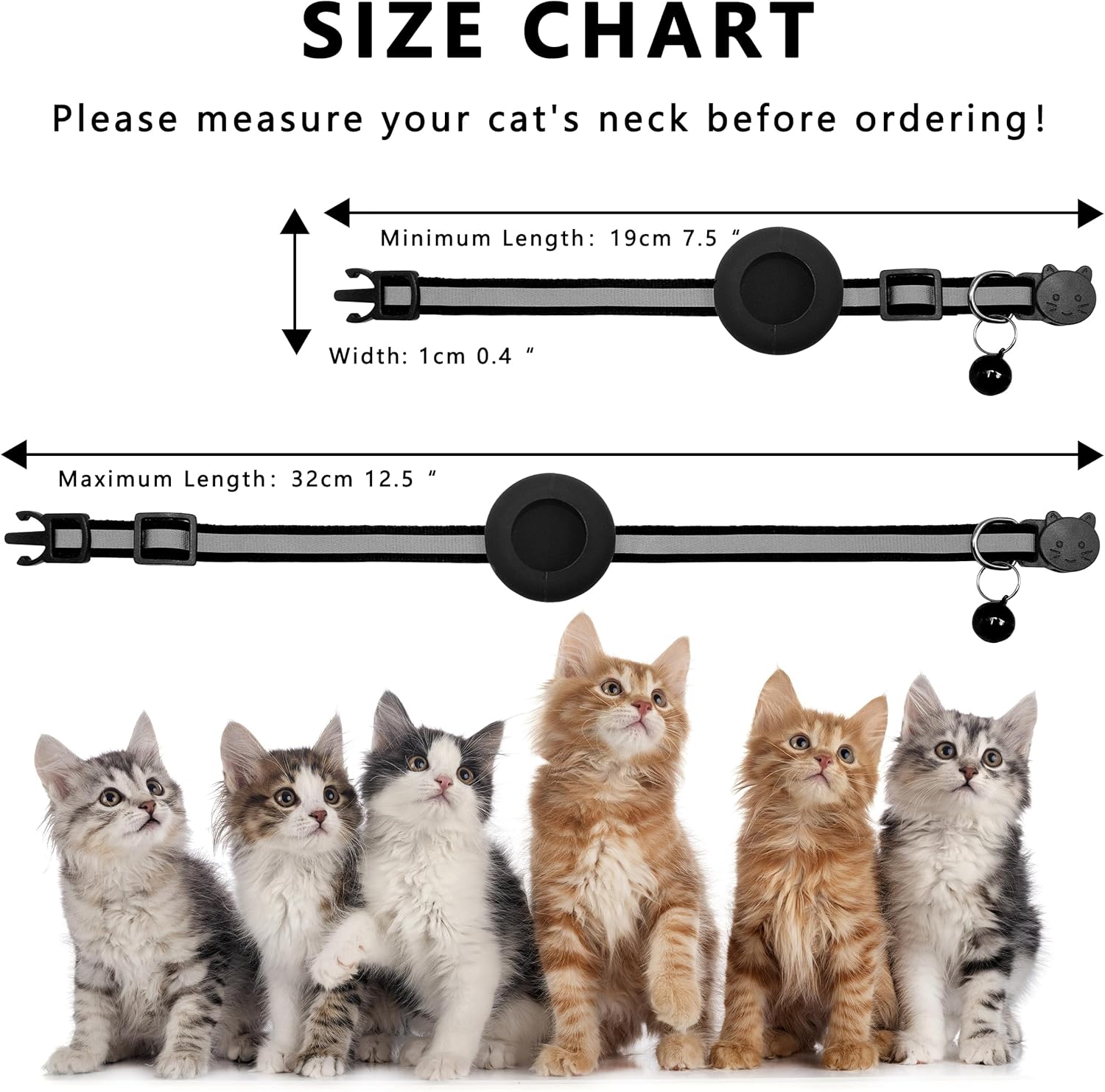 Seyezo Airtag Cat Collar Breakaway, Reflective Kitten Collar with Air Tag Holder, Lightweight Airtag Cat Collar with Bell for Boys Girls, GPS Tracker 0.4’’ Width Adjustable with Safety Buckle, Black - Happypetzone.online - Image 7