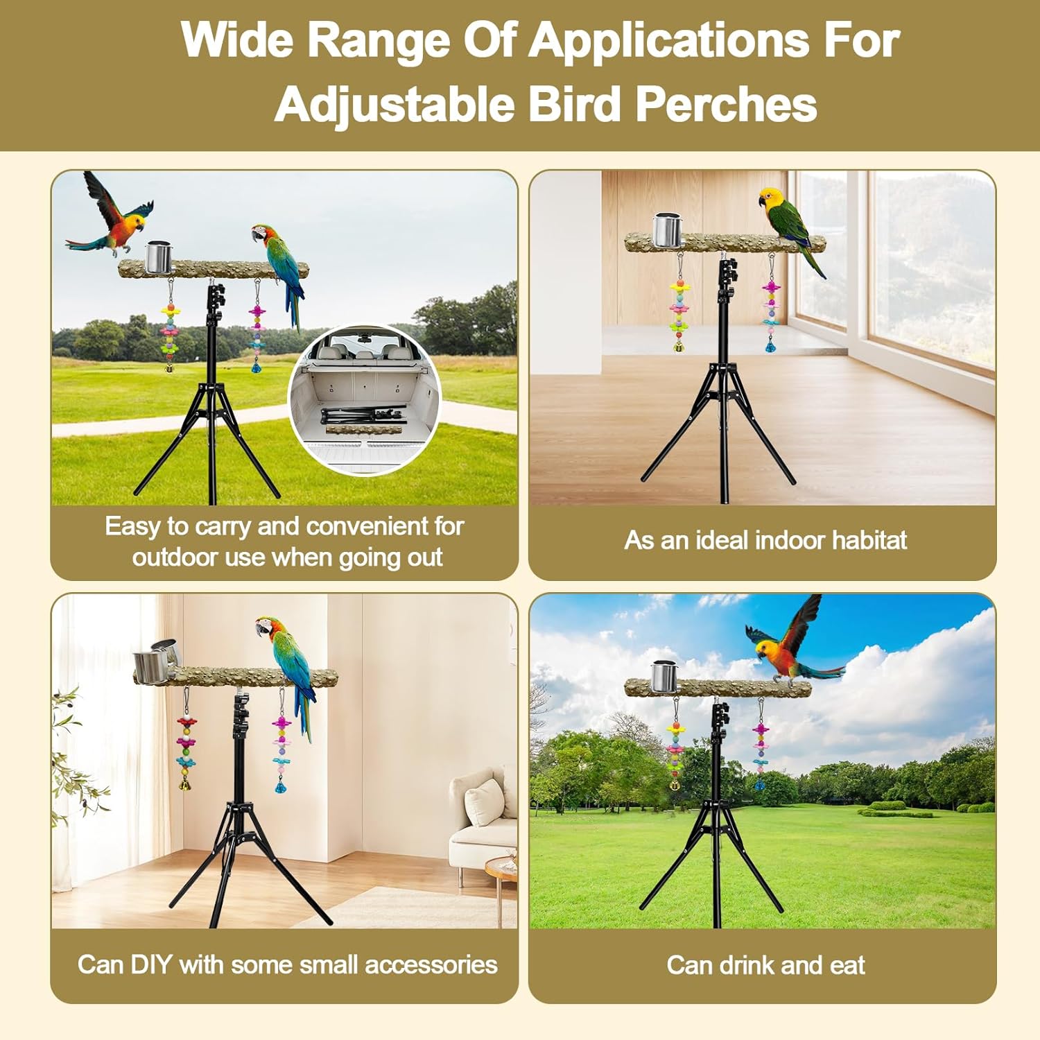 16-63 Inch Height Adjustable Bird Perch Pepper Wood Parrot Training Perch Stand with Feeding Cups and Swing Toy Parakeet Perches Indoor and Outdoor Parrot Stands for Small to Medium Bird - Happypetzone.online - Image 6