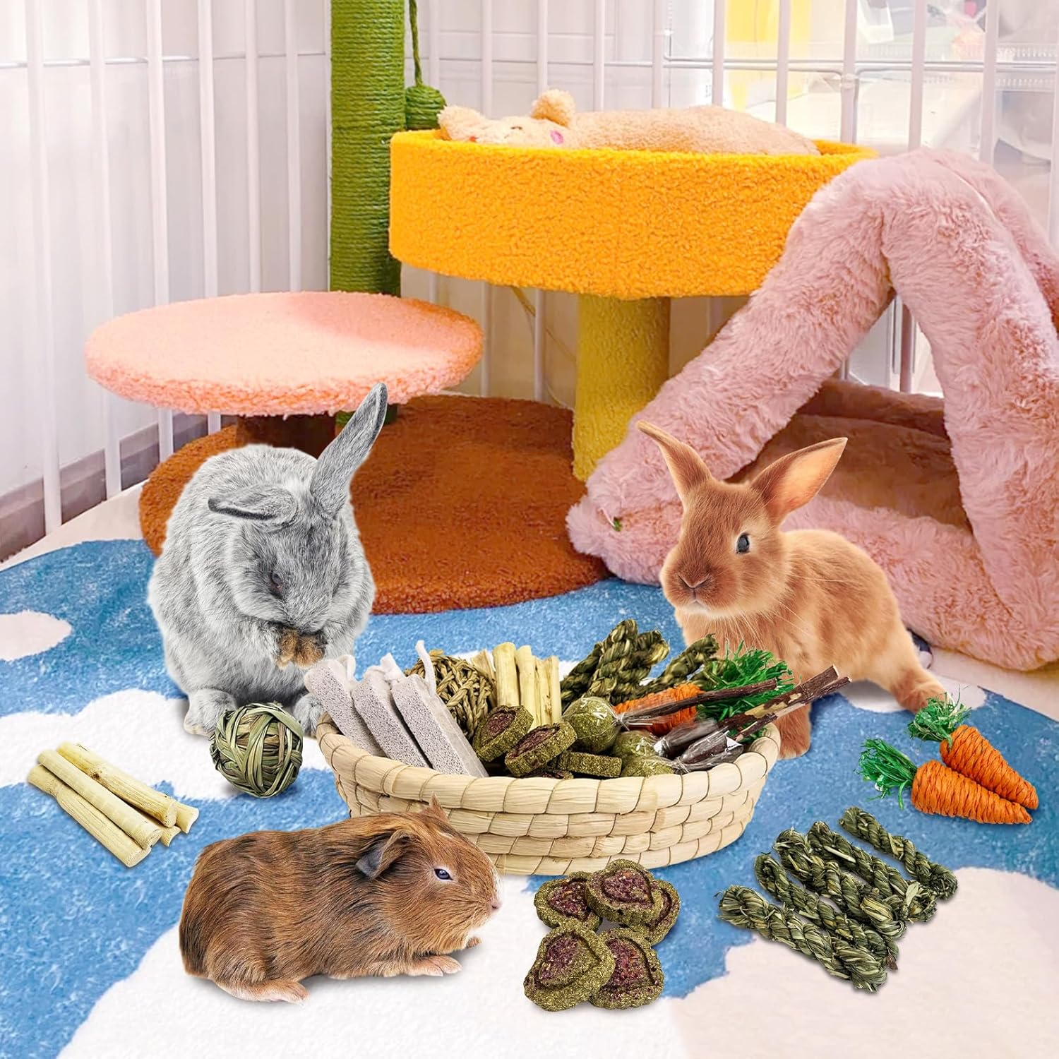 PINVNBY 30PCS Rabbit Chew Toys Set for Teeth Health Natural Bunny Enrichment for Bunnies Boredom Guinea Pig Treats Straw Basket Bunny Bed for Chinchilla Hamster Rat Gerbil - Happypetzone.online - Image 7