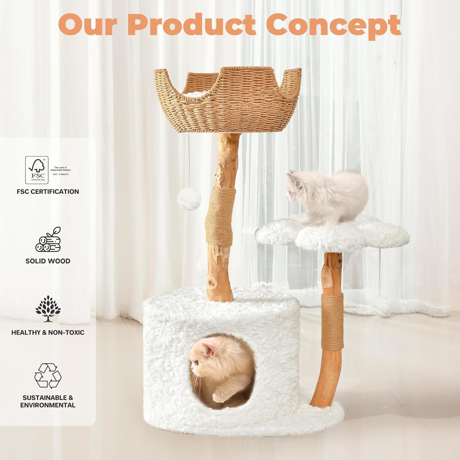 Easyego Modern Cat Tree, 39.9" Aesthetic Wood Cat Tree Tower for Large Cats, Luxury Cat Condo with Scratching Posts and Flower Platforms, Cat Furniture, White - Happypetzone.online - Image 5