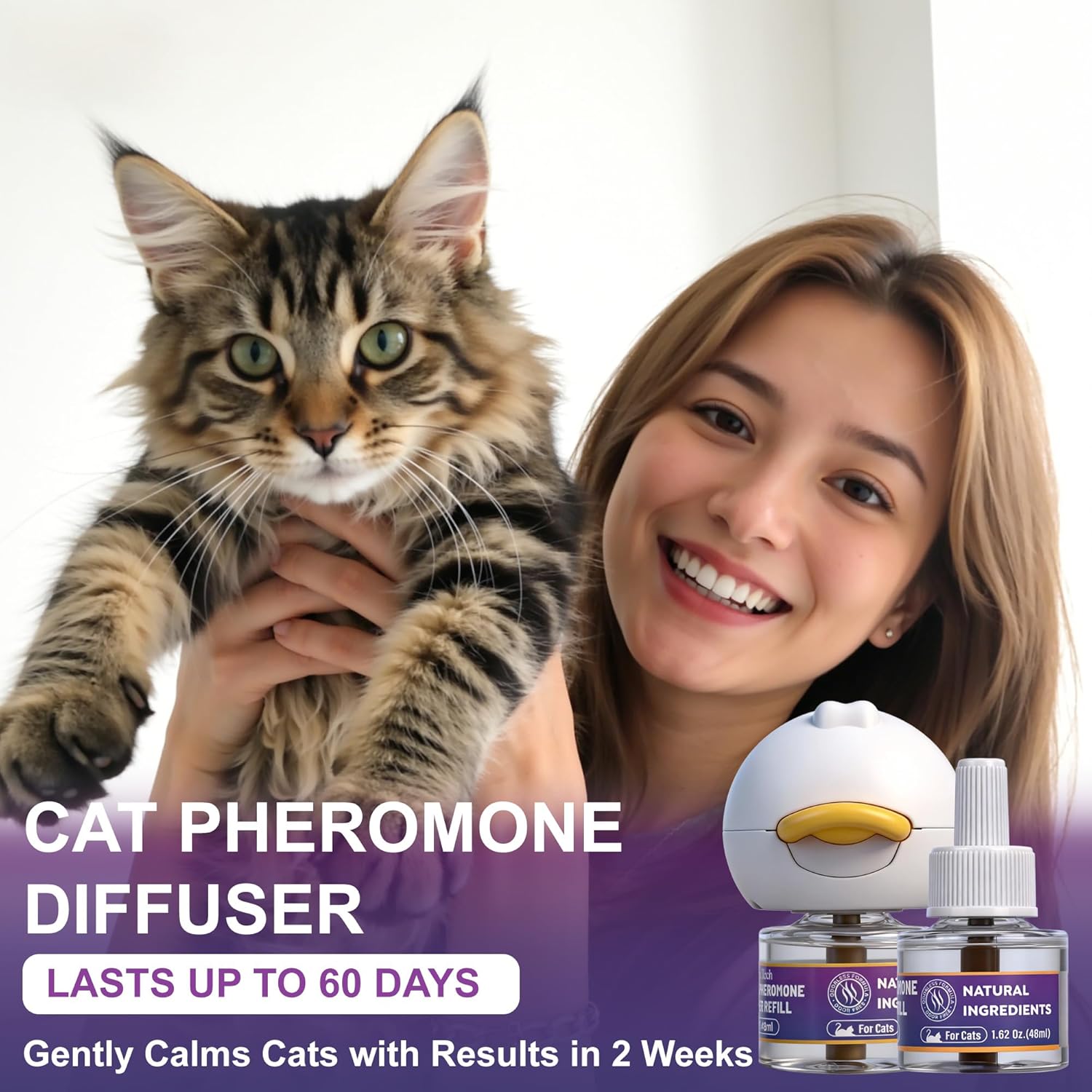 Cat Calming Pheromone Diffuser, Cat Anxiety Relief Diffuser Plug in Calmer with 2 Diffusers & 4 Refills, Reduce Cat Anxiety, Cat Fighting, Urine Marking, Scratching & Stress 48ml/Bottle for All Cats - Happypetzone.online - Image 2