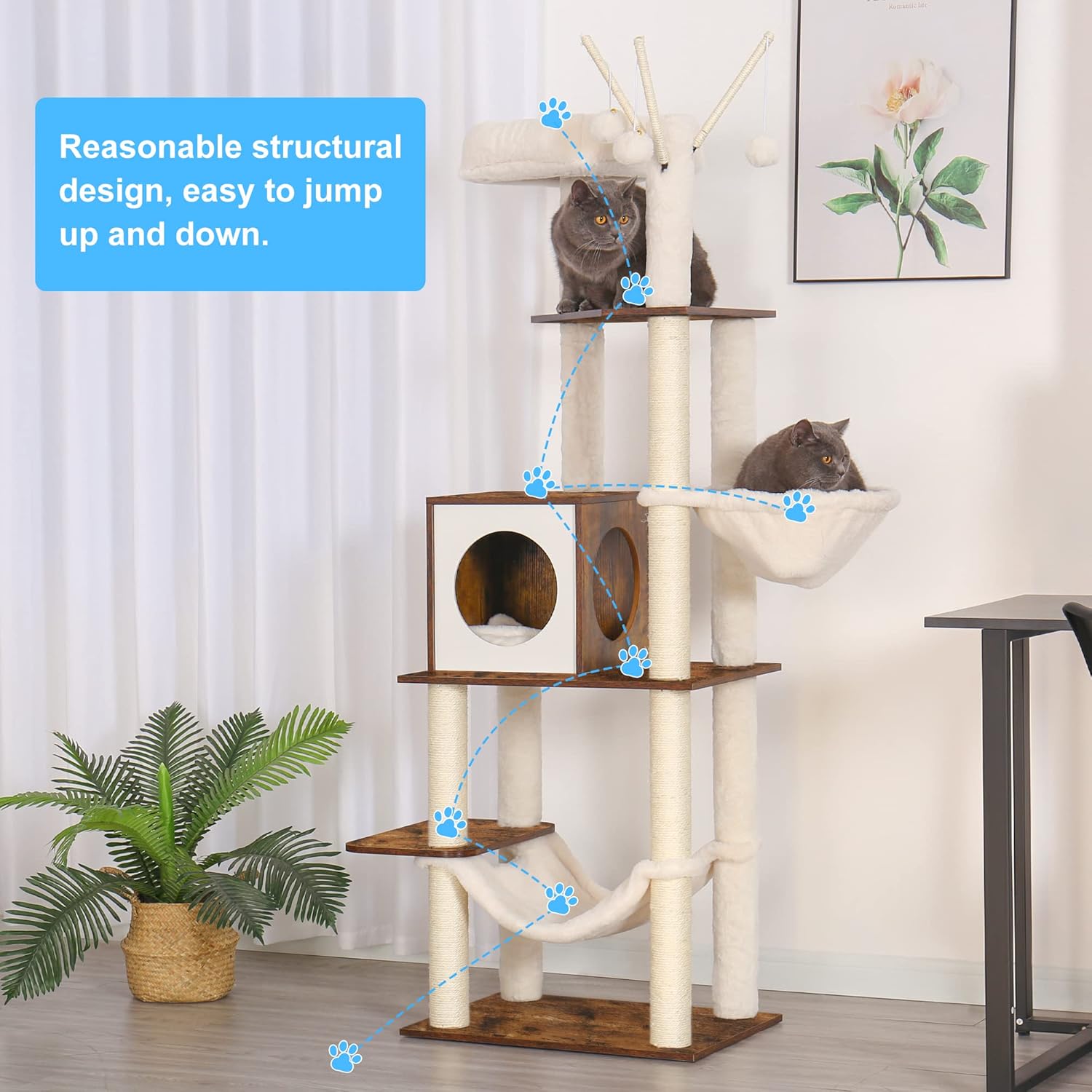 Hey-brother Wooden Cat Tree, 66.1“ Cat Furniture with Scratching Posts, Modern Cat Tower with hammocks, Toys, cat condo, Rustic Brown MPJ120SR - Happypetzone.online - Image 7