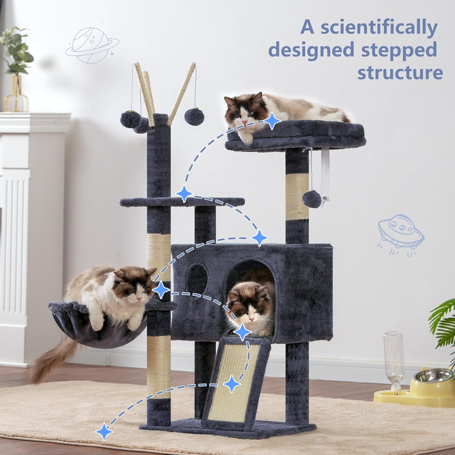 Hey-brother Cat Tree Tower, Scratching Posts with Removable Toys, Cozy Condo, Platform, Hammock, Sisal Scratch Board and Ball for Indoor Kittens, 41.3 Inches, Smoky Gray MPJ008SG - Happypetzone.online - Image 4