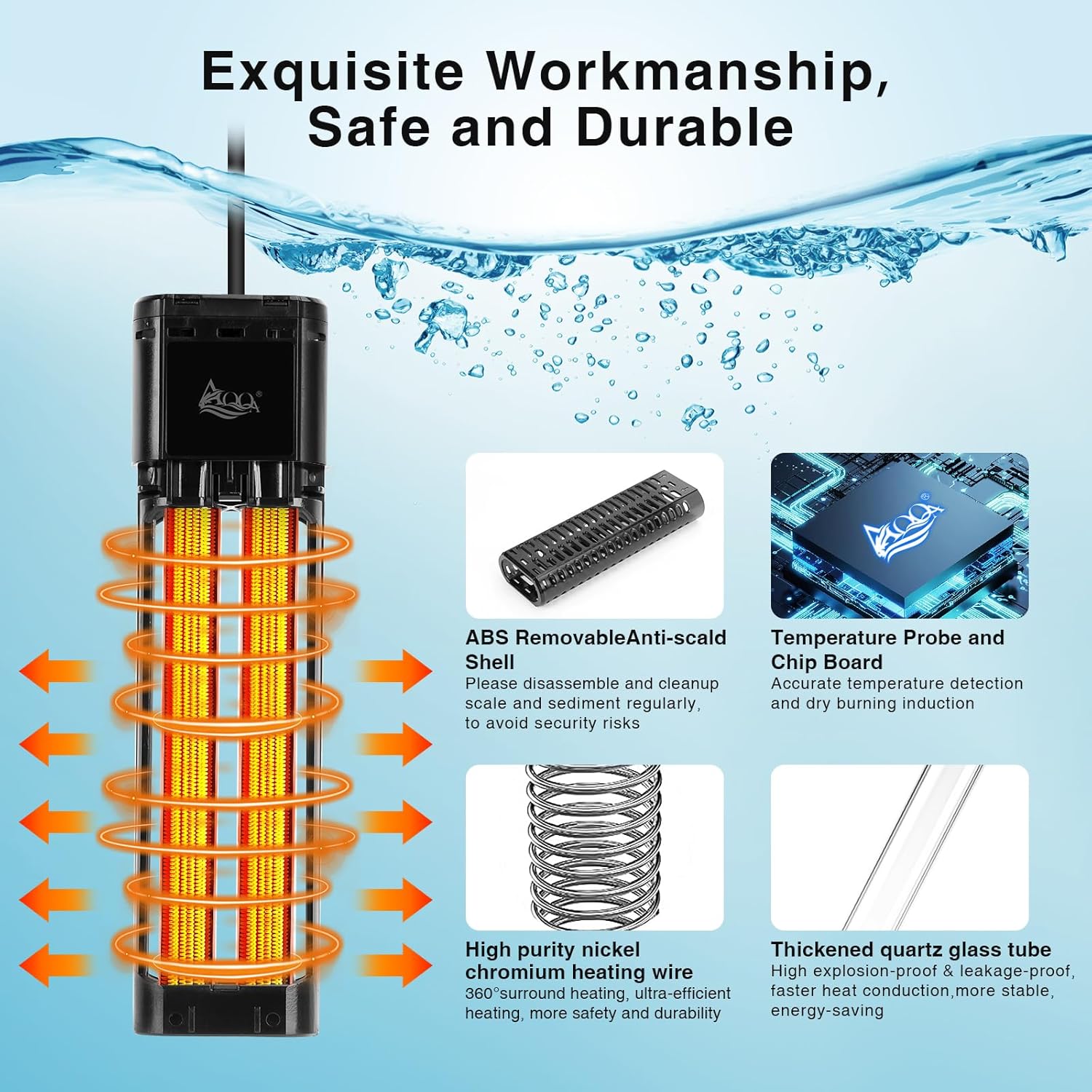 AQQA Aquarium Heater,300W 500W 800W 1000W 1200W Fish Tank Heater,59℉-93℉ Submersible Intelligence Aquarium Heater with Over-Temperature Dry Burning Protection 1000W to 135-235 Gallon - Happypetzone.online - Image 5