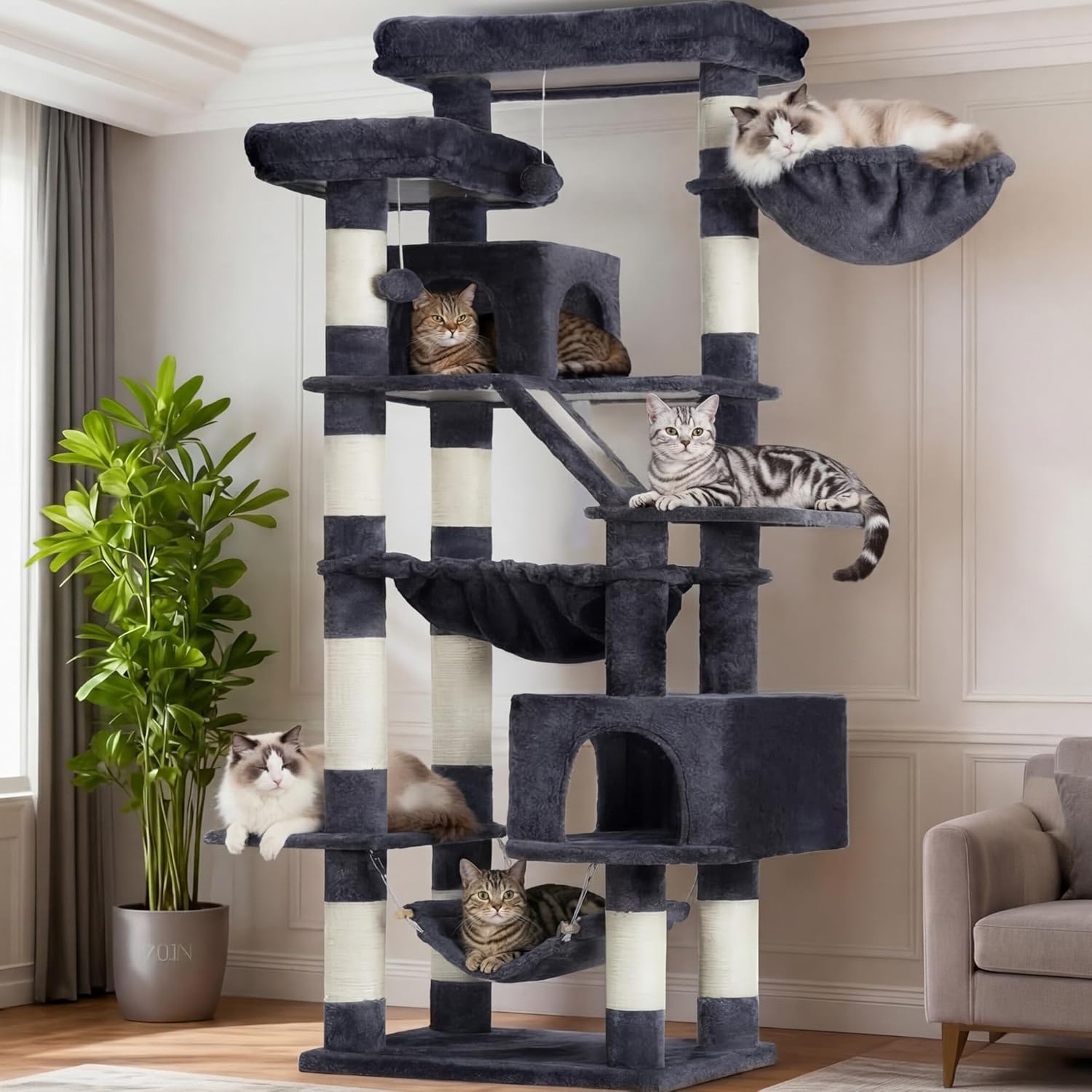 Heybly Cat Tree, 71-Inch-Tall Tower for Indoor Cats with 2 Perches, 2 Big Condos, 2 Hammocks, Basket, Scratching Pad, Large Cat Furniture and Condo, Smoky Gray HCT034G - Happypetzone.online - Image 4