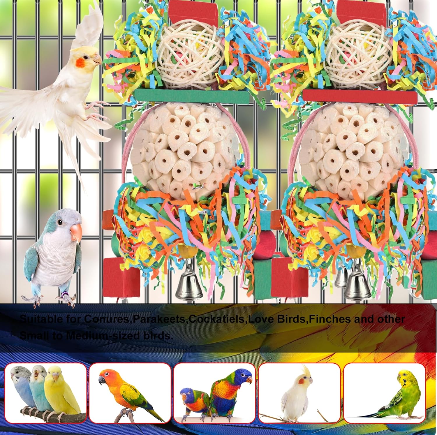 BBjinronjy Bird Toys,2PCS Hanging Natural Soft Sola Ball Beak Chew Shred Forage Toys for Parrots,Cockatiel,Conure,Love Birds,Parakeets,Budgie and Other Small Birds - Happypetzone.online - Image 3