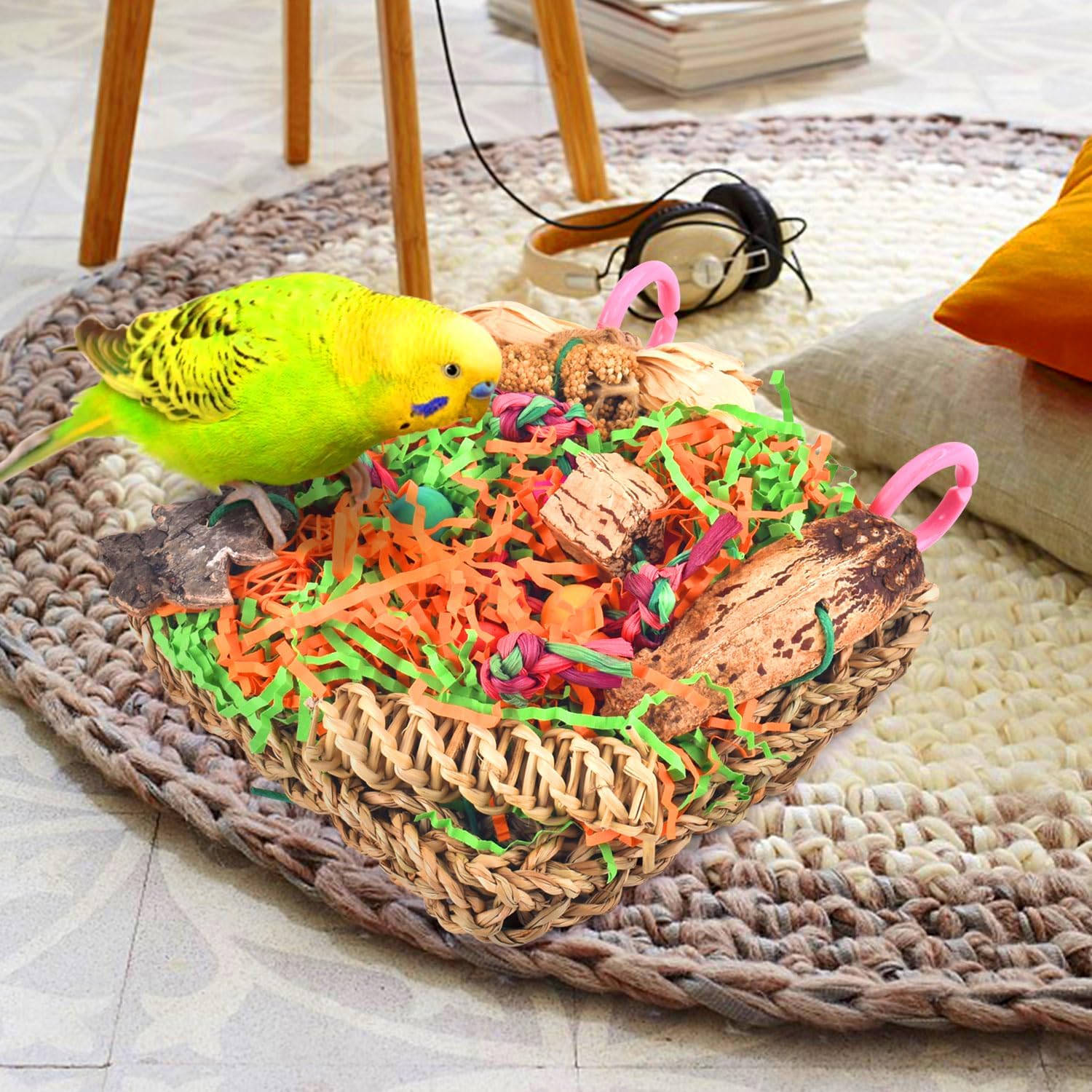 KATUMO Bird Toys, Parakeet Grass Mat Foraging Toy Parrot Shredding Hanging for Cockatiel Lovebird Parakeet Budgie Small-Medium Birds - Happypetzone.online - Image 4