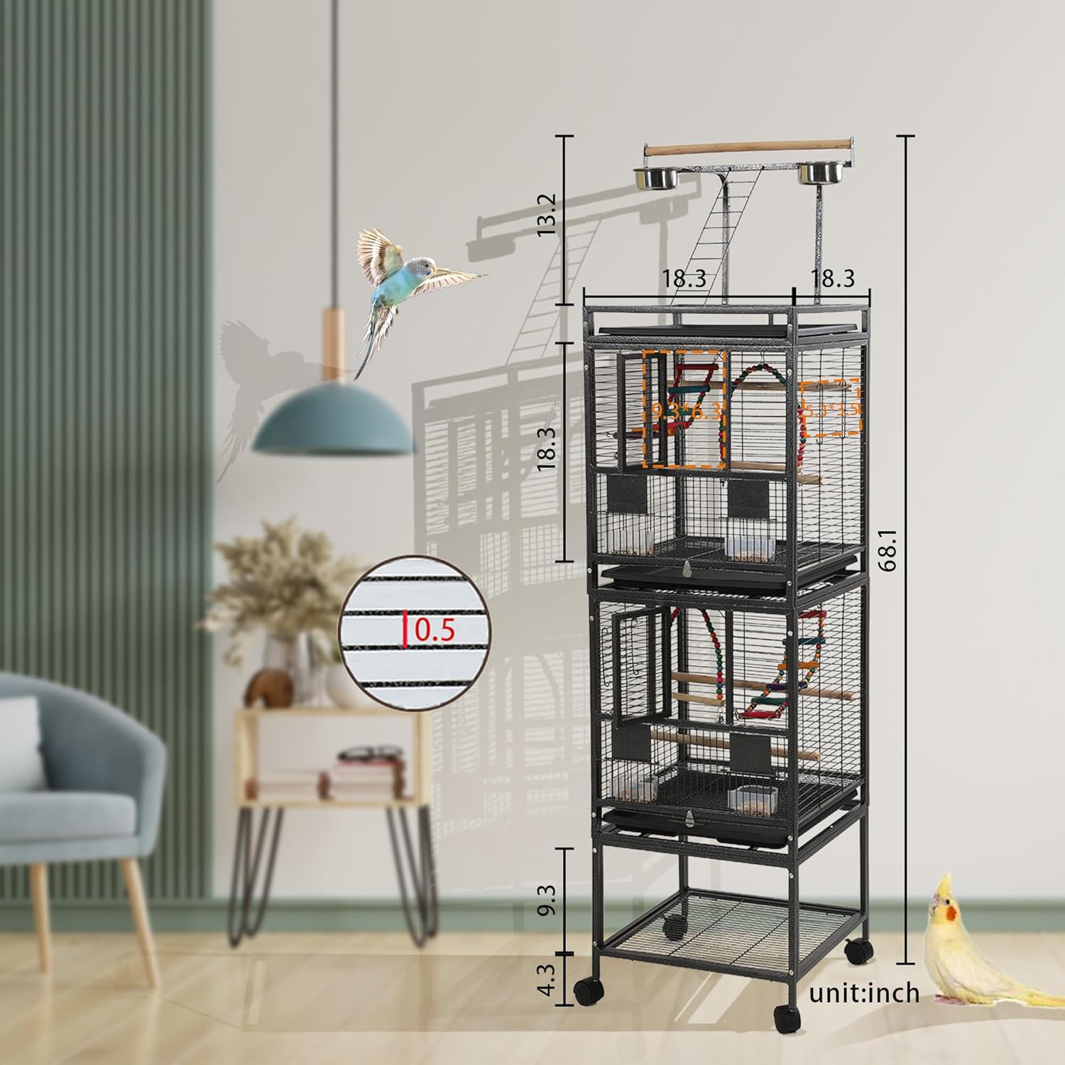 68" Double Bird Cage,Stackable Divided Parakeet Cage, Parrot Cages for Medium Birds with Bird cage Toys,Birdcage Seed Catcher,for Cockatiels Canaries Lovebirds Finches Budgies Small Parrots - Happypetzone.online - Image 2