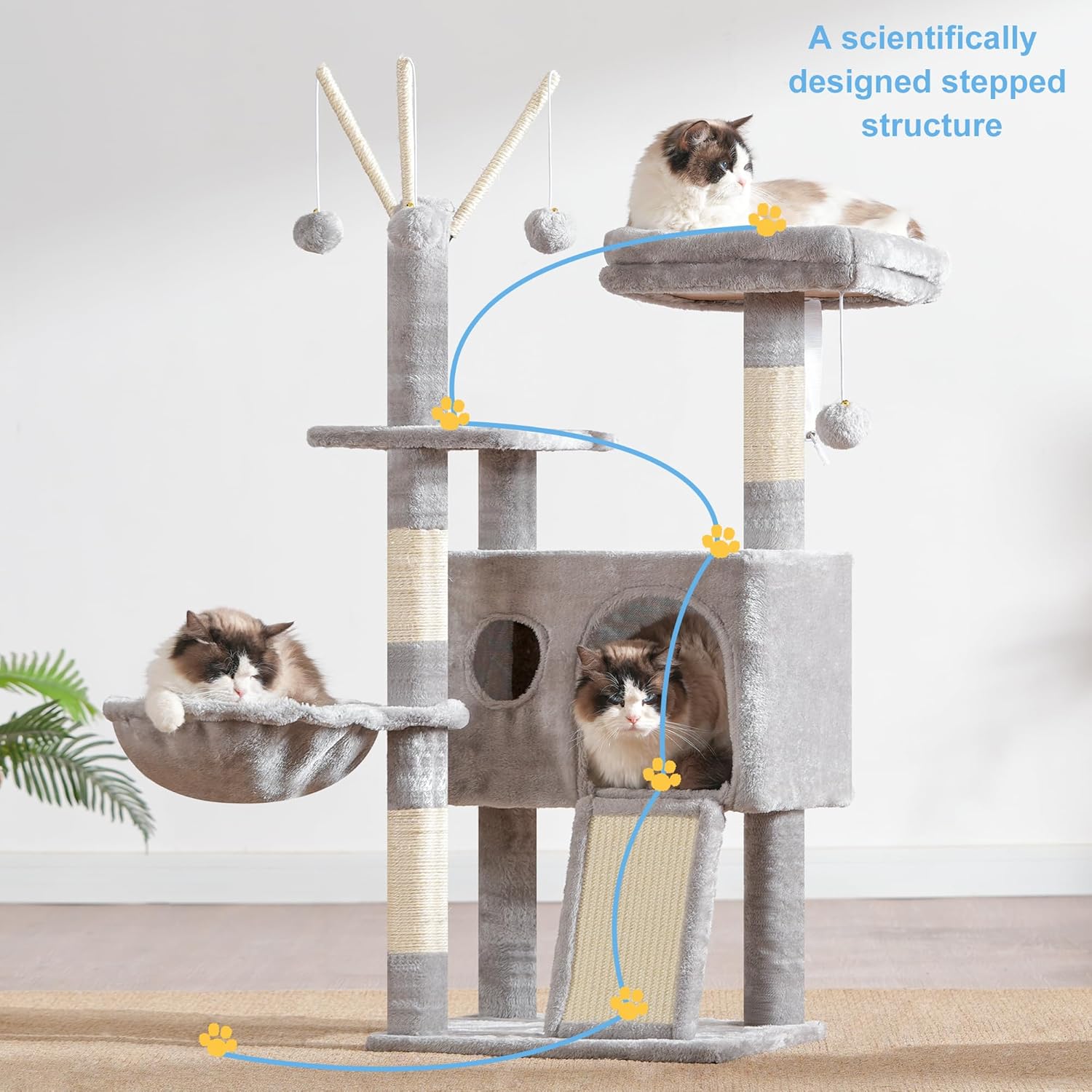 Hey-brother Cat Tree Tower, Scratching Posts with Removable Toys, Cozy Condo, Platform, Hammock, Sisal Scratch Board and Ball for Indoor Kittens, 41.3 Inches, Light Gray MPJ008SW - Happypetzone.online - Image 3