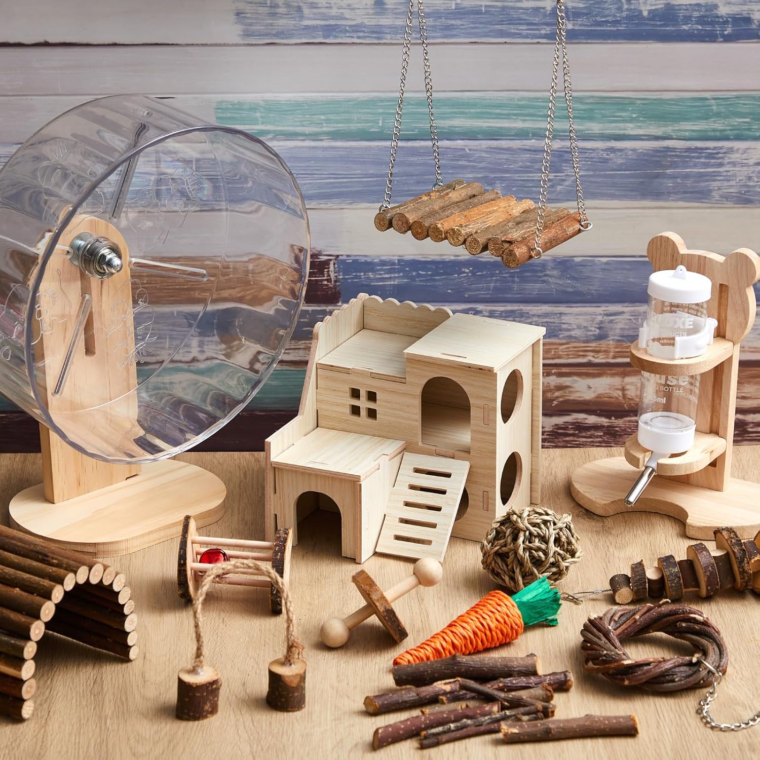 18 Pcs Hamster Toys Set, 10 Kinds Small Animal Chewing Toys, Maze Wood House, Silent Exercise Running Wheels and Water Bottle Set for Hamster Habitat Rat Cage Accessories(Mixed Play Style) - Happypetzone.online - Image 2