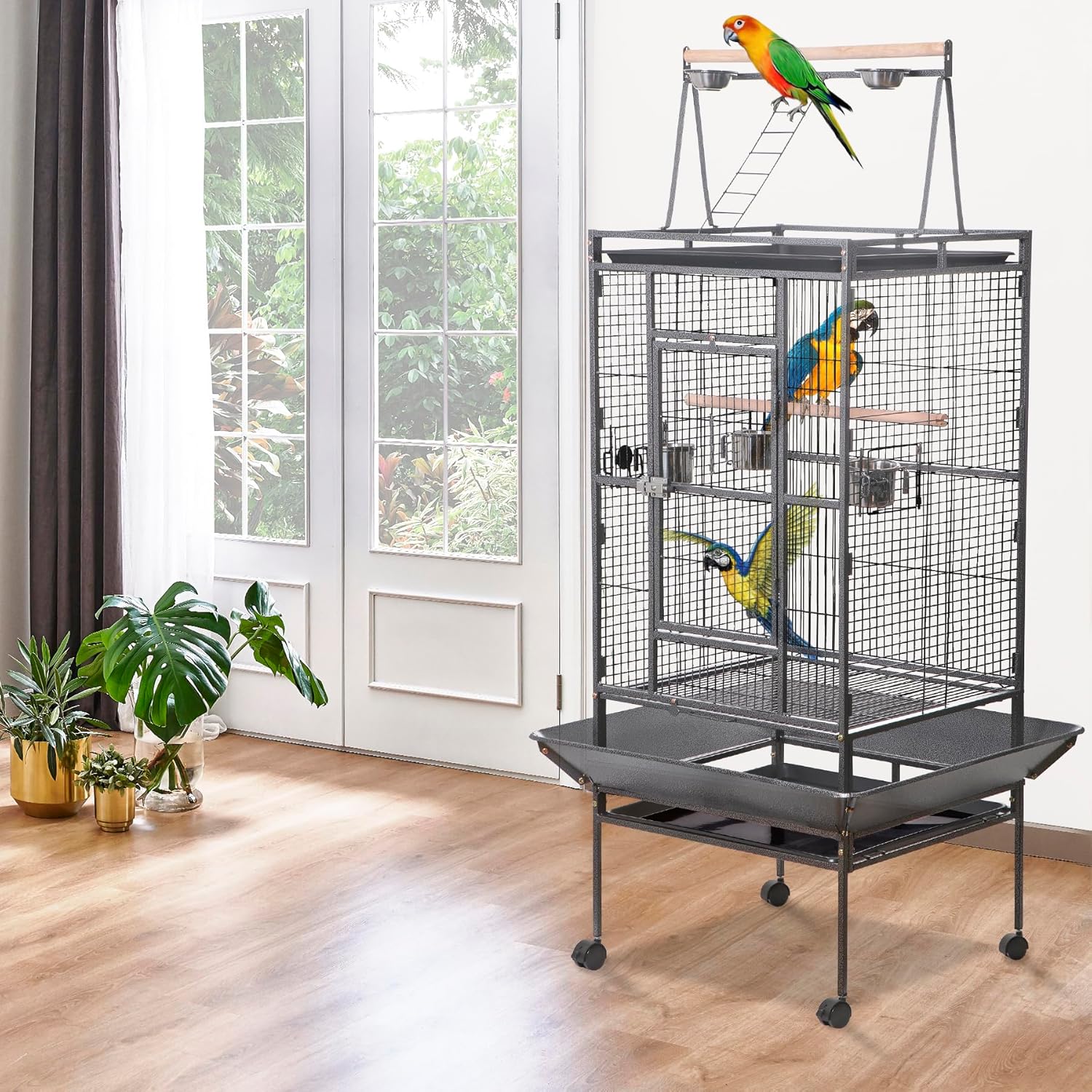 HSM 68 Inch Wrought Iron Large Bird Flight Cage with Rolling Stand for African Grey Parrot Cockatiel Sun Parakeet Conure Lovebird - Happypetzone.online - Image 6