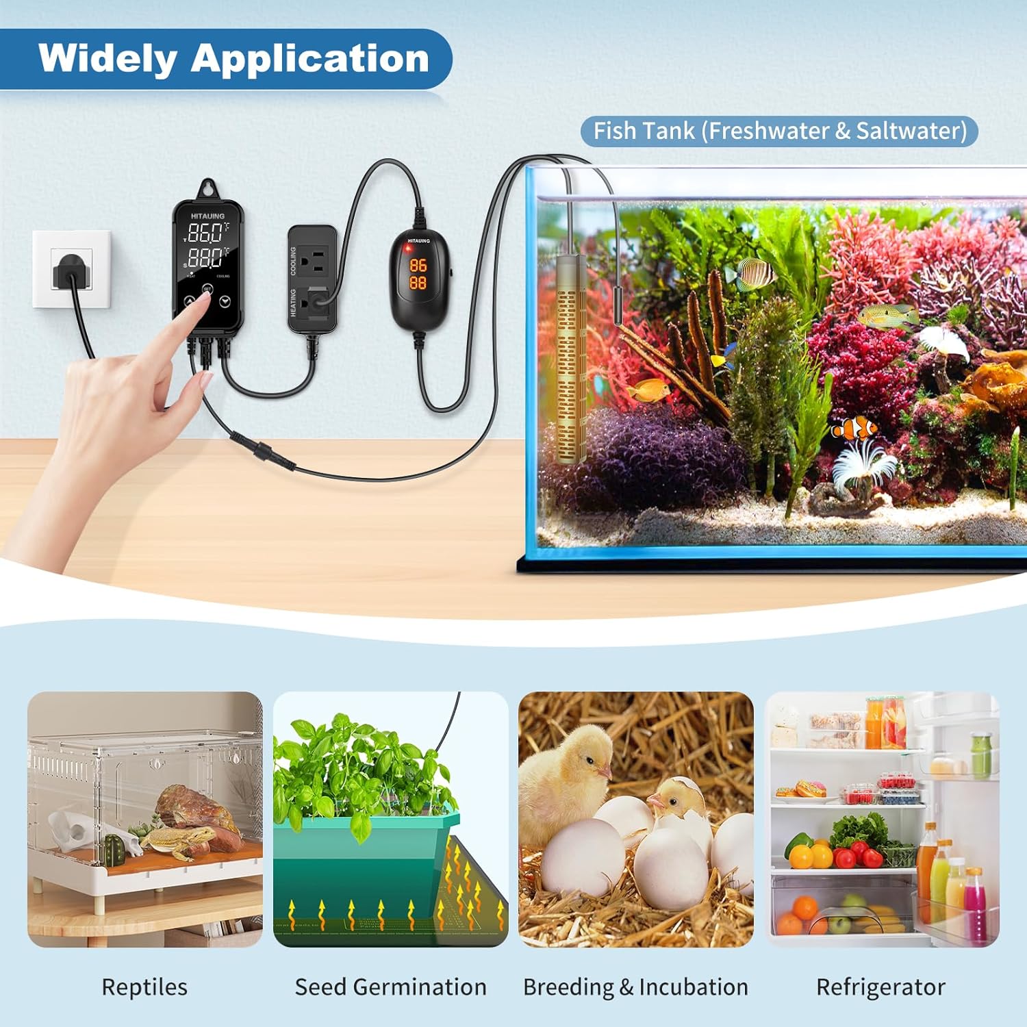 HiTauing Digital Temperature Controller, Aquarium Heater Reptile Thermostat Heating and Cooling Dual Outlet with Seawater-Resistant Probe for Fish Tanks, Reptile Tanks, Greenhouse & Seedling Mat - Happypetzone.online - Image 7