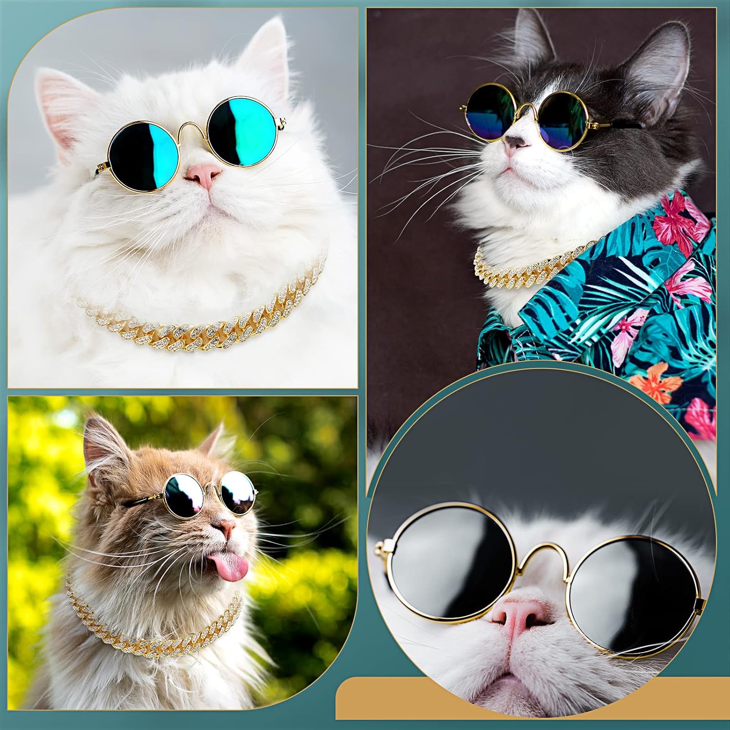 Xuniea 2 Pieces Cat Dog Chain Collar and Sunglasses Set Rhinestone Necklace with Secure Buckle Round Glasses for Doll Cat Dog Pet Accessories(10 Inch,Gold, Black) - Happypetzone.online - Image 5