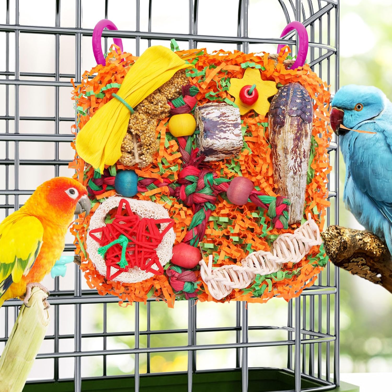 Bird Toys for Small & Medium Parrots - Natural Foraging & Shredding Cage Hanging Toys with Seagrass Mat, Starfruit, Loofah Slices for Budgies, Cockatiels, Lovebirds, Conures (1 PCS) - Happypetzone.online - Image 6