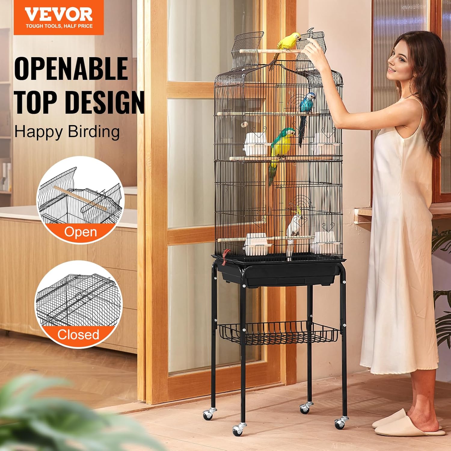 VEVOR 64-inch Open Top Large Parrot Bird Cage with Detachable Rolling Stand for Parakeets Finches Canaries Lovebirds Cockatiels Budgies Small Quaker Conures Flight Birdcage with Swing and Perch - Happypetzone.online - Image 2