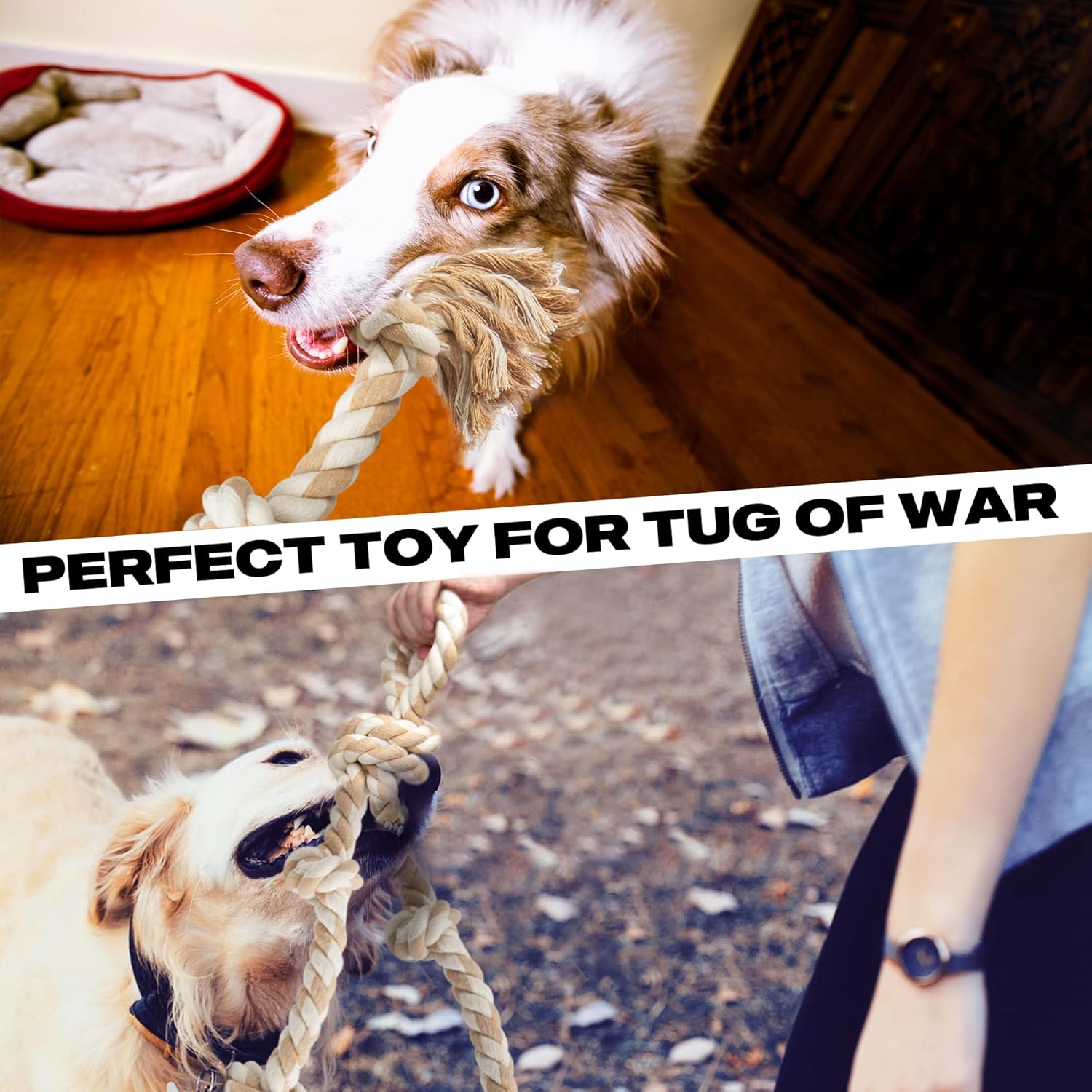 Fida Dog Rope Toys for Aggressive Chewers,Large Dog Toy Designed for Tug of War, Tough Dog Rope Toy Indestructible Made of Undyed Natural Cotton, 29" Large Dog Toys with 3 Big Knots and a Handle - Happypetzone.online - Image 6