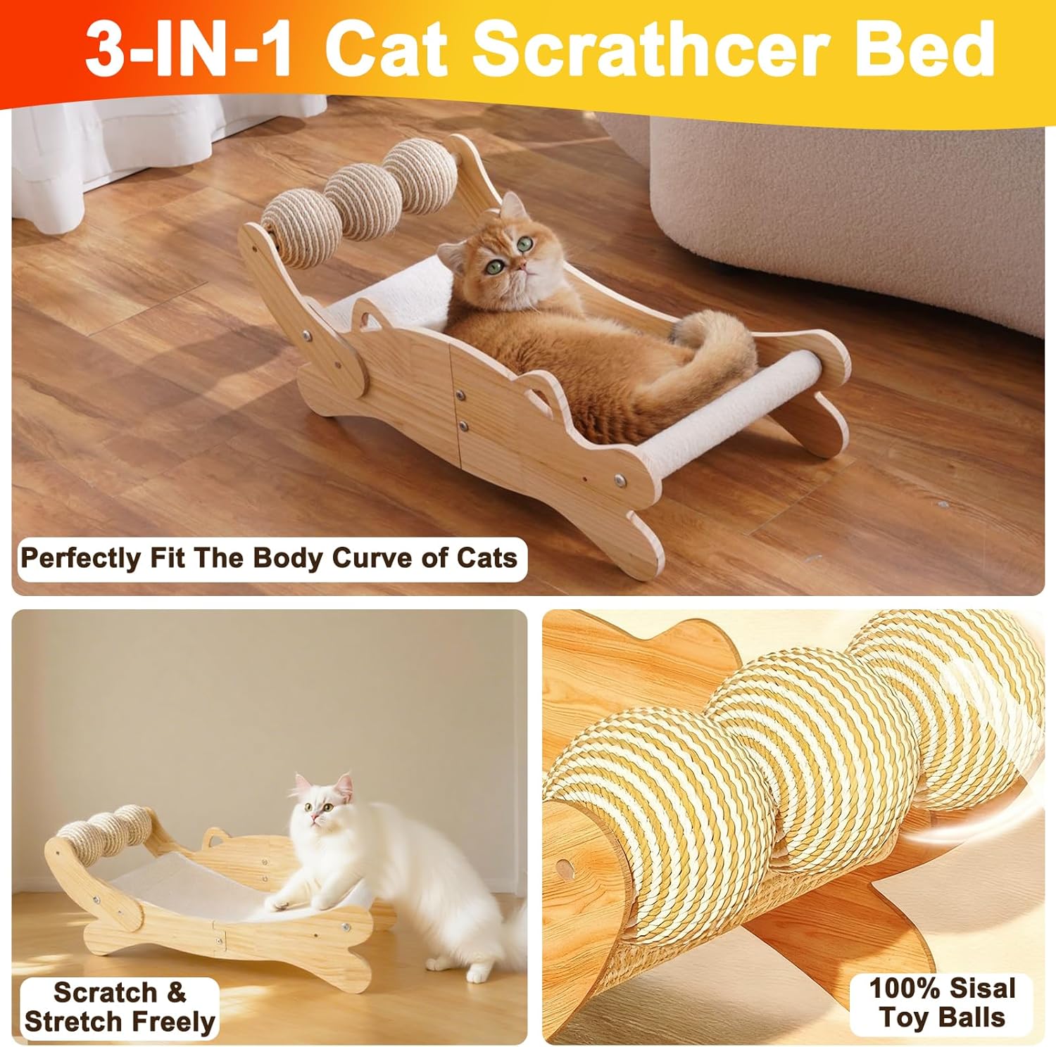 3-in-1 Cat Scratcher Bed for Indoor Cats Sisal Scratcher & Hammock Lounge with Solid Wooden Perch, No-Tip Stable Base for Large Cats, Durable Cat Scratch Pad & Cat Furniture (Easy Assembly) - Happypetzone.online - Image 5