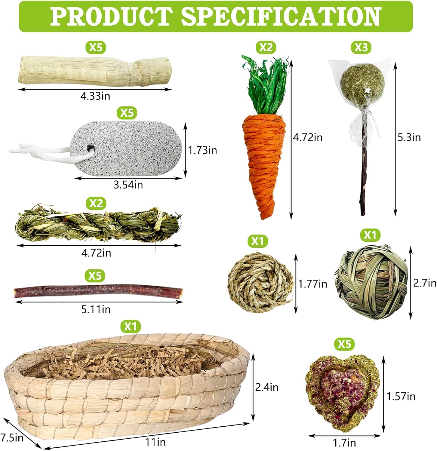 PINVNBY 30PCS Rabbit Chew Toys Set for Teeth Health Natural Bunny Enrichment for Bunnies Boredom Guinea Pig Treats Straw Basket Bunny Bed for Chinchilla Hamster Rat Gerbil - Happypetzone.online - Image 2