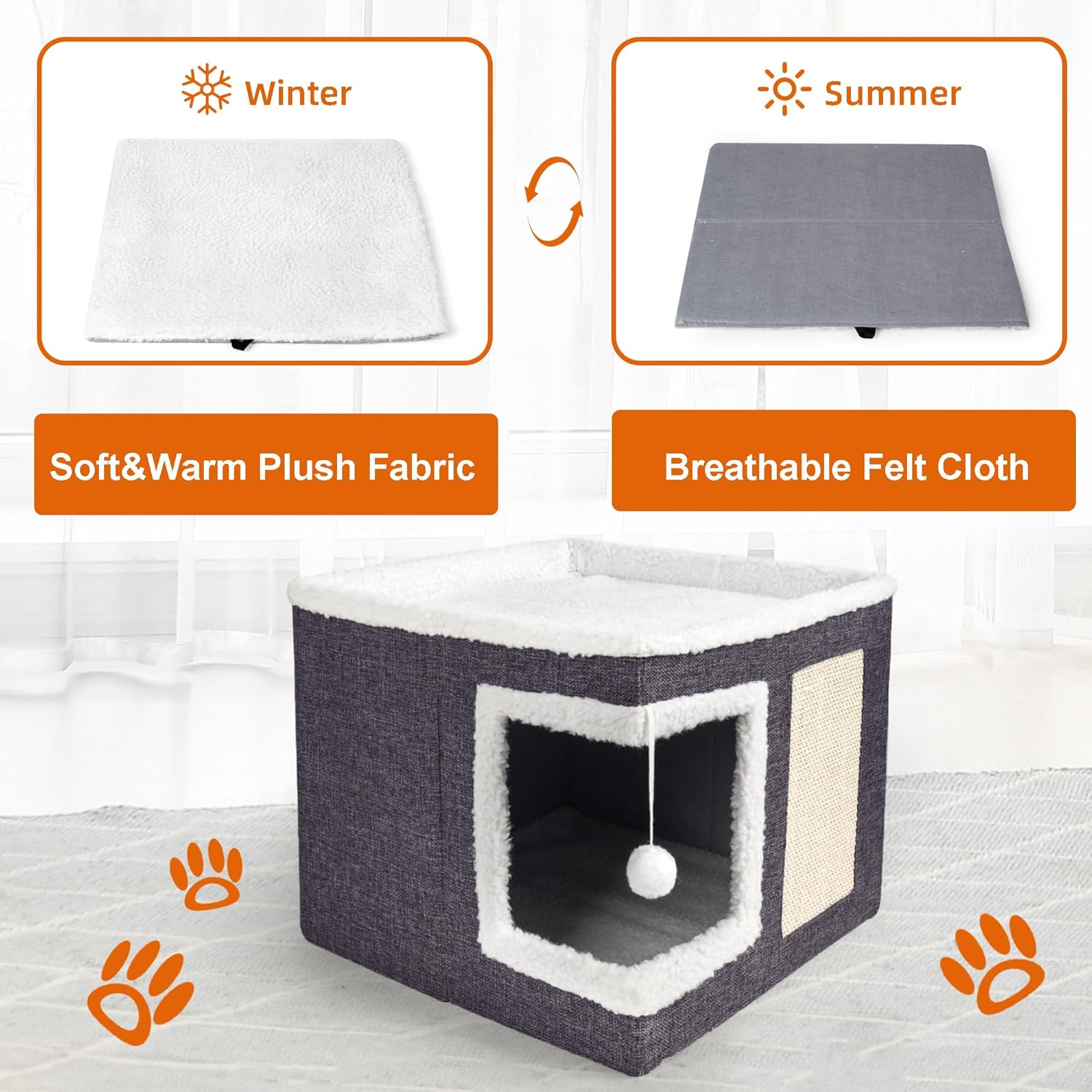 Loyareal Cat Houses for Indoor Cats - Large Cat Bed Cave with Scratch Pad and Fluffy Ball, Foldable Cat Condo Hideaway with Reversible Cushion for Multi Small Pet, Dark Grey - Happypetzone.online - Image 5