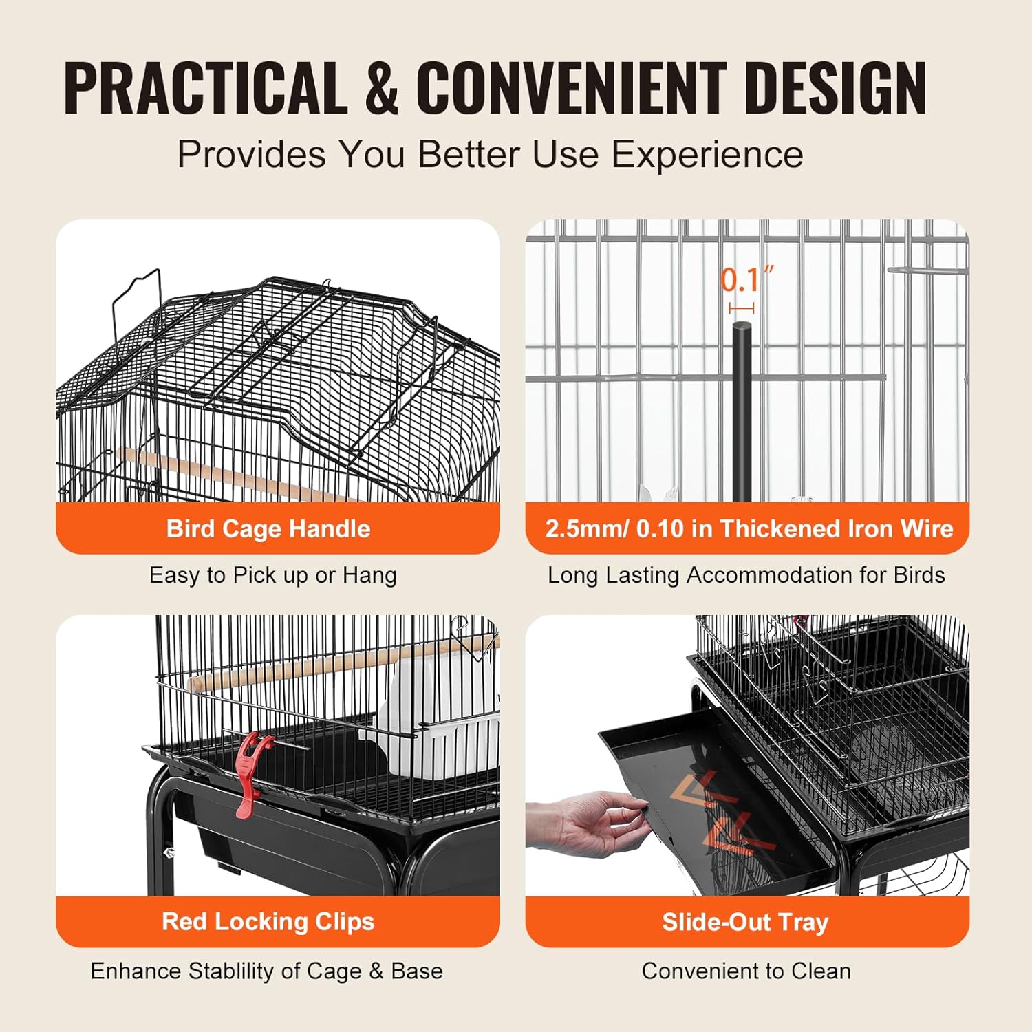 VEVOR 64-inch Open Top Large Parrot Bird Cage with Detachable Rolling Stand for Parakeets Finches Canaries Lovebirds Cockatiels Budgies Small Quaker Conures Flight Birdcage with Swing and Perch - Happypetzone.online - Image 6