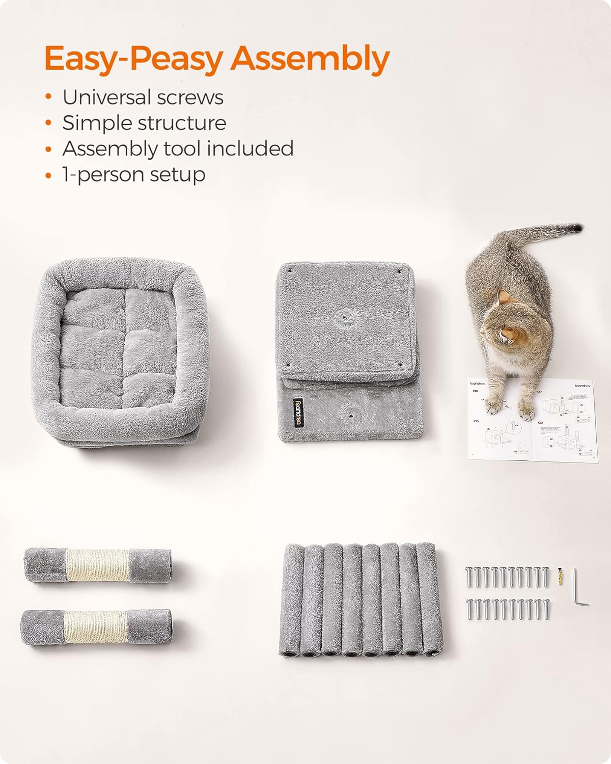 Feandrea Cat Tree, 26.4-Inch Cat Tower, Plush Condo for Kittens up to 7 lb, Large Perch, 2 Caves, Scratching Post, Light Gray UPCT611W01 - Happypetzone.online - Image 5