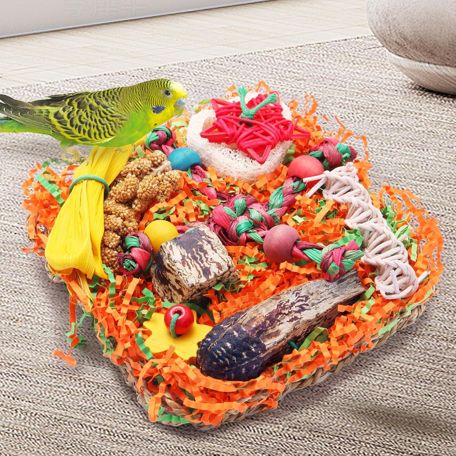 Bird Toys for Small & Medium Parrots - Natural Foraging & Shredding Cage Hanging Toys with Seagrass Mat, Starfruit, Loofah Slices for Budgies, Cockatiels, Lovebirds, Conures (1 PCS) - Happypetzone.online - Image 5