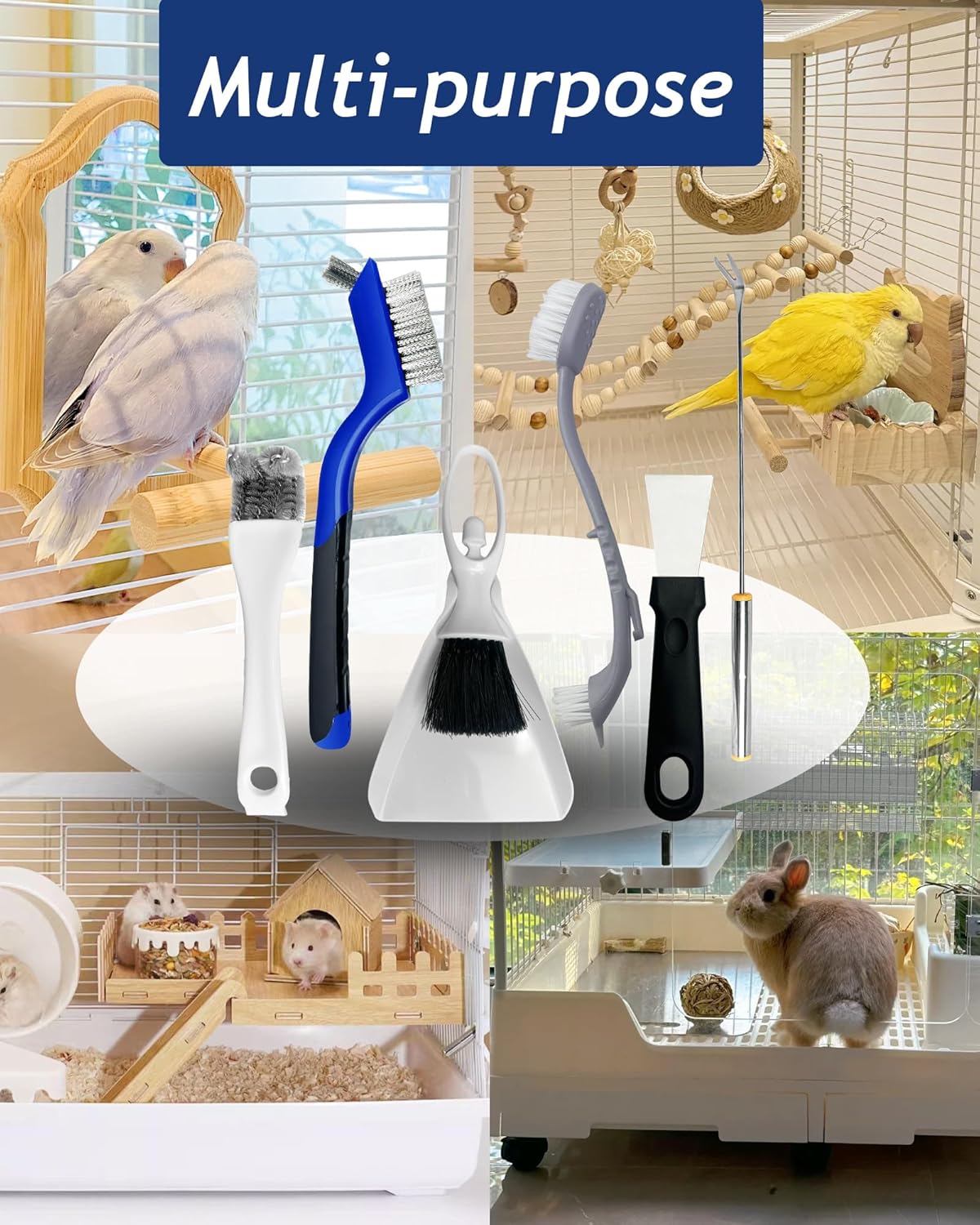 Upgrade 6PCS Cage Cleaner Set,2-in-1 Stainless Steel Pet Cage Brush,Bird Poop Remover,Dual Head Brush,Long Handle Scraper,Small Animals House Cleaning Accessories,Mini Dustpan and Broom Set (6PCS-1) - Happypetzone.online - Image 6