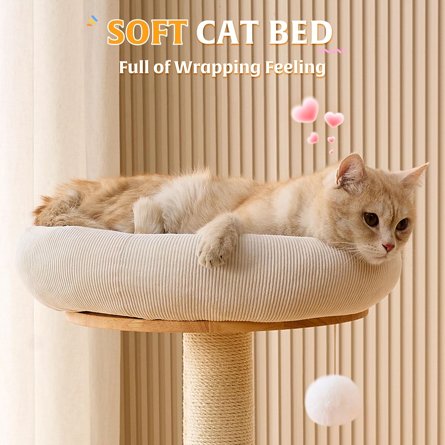 HITTITE Solid Wood Cat Tree Tower with Scratching Post, 37.8 Inches Tall Cat Towers with Scratching Board and Scratcher Ball, Modern Cat Tower With Space Capsule and Removable Top Bed for Indoor Cats. - Happypetzone.online - Image 6