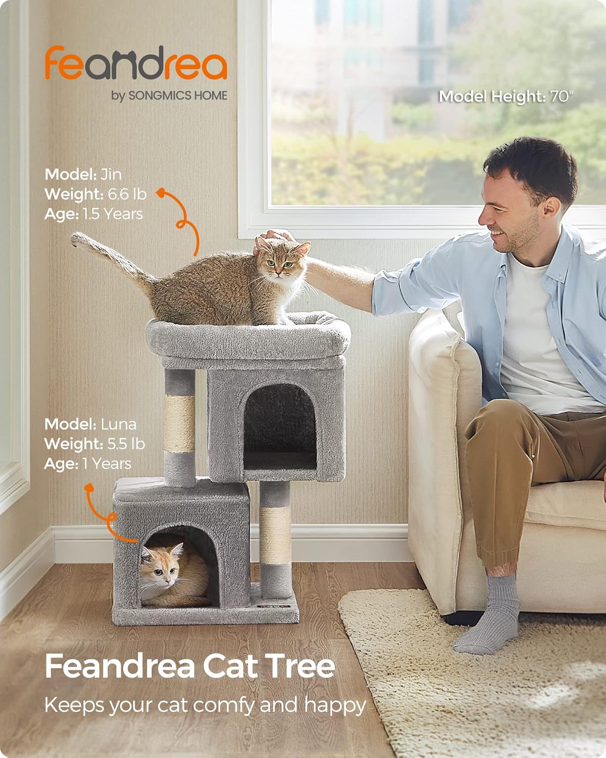 Feandrea Cat Tree, 26.4-Inch Cat Tower, Plush Condo for Kittens up to 7 lb, Large Perch, 2 Caves, Scratching Post, Light Gray UPCT611W01 - Happypetzone.online - Image 2