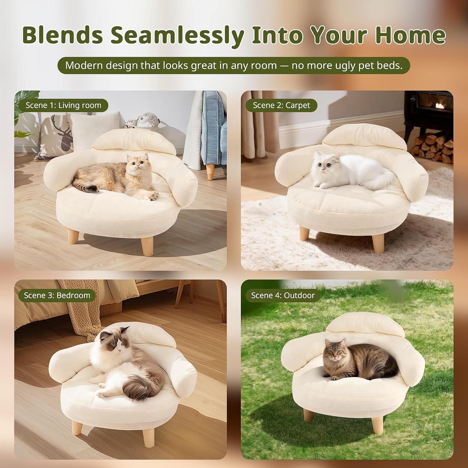 Cat Sofa Furniture-Style Pet Bed with Removable Cotton Velvet Cover, Solid Pine Wood Legs, for Cats and Small Dogs, White - Happypetzone.online - Image 7