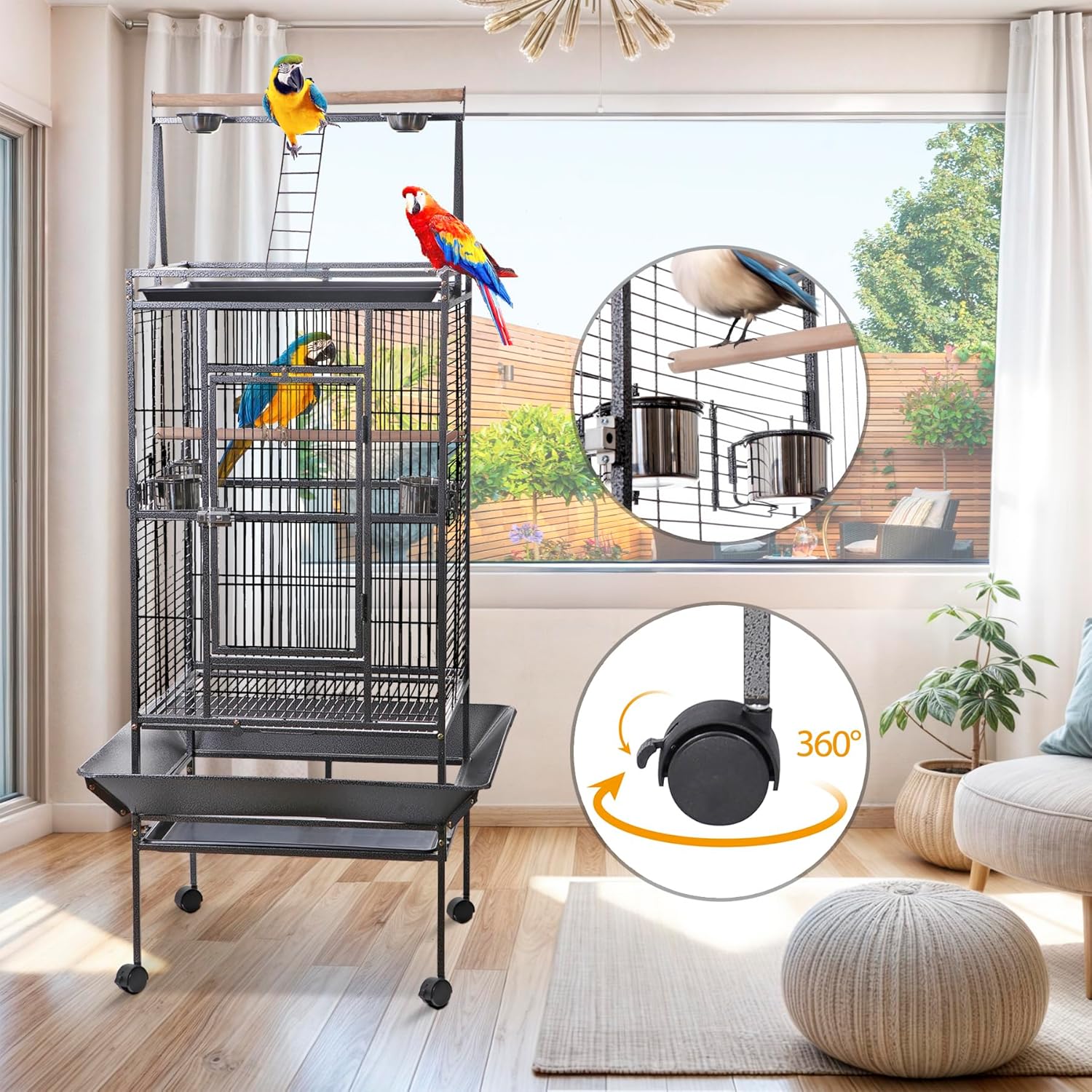 HSM 68 Inch Wrought Iron Large Bird Flight Cage with Rolling Stand for African Grey Parrot Cockatiel Sun Parakeet Conure Lovebird - Happypetzone.online - Image 4