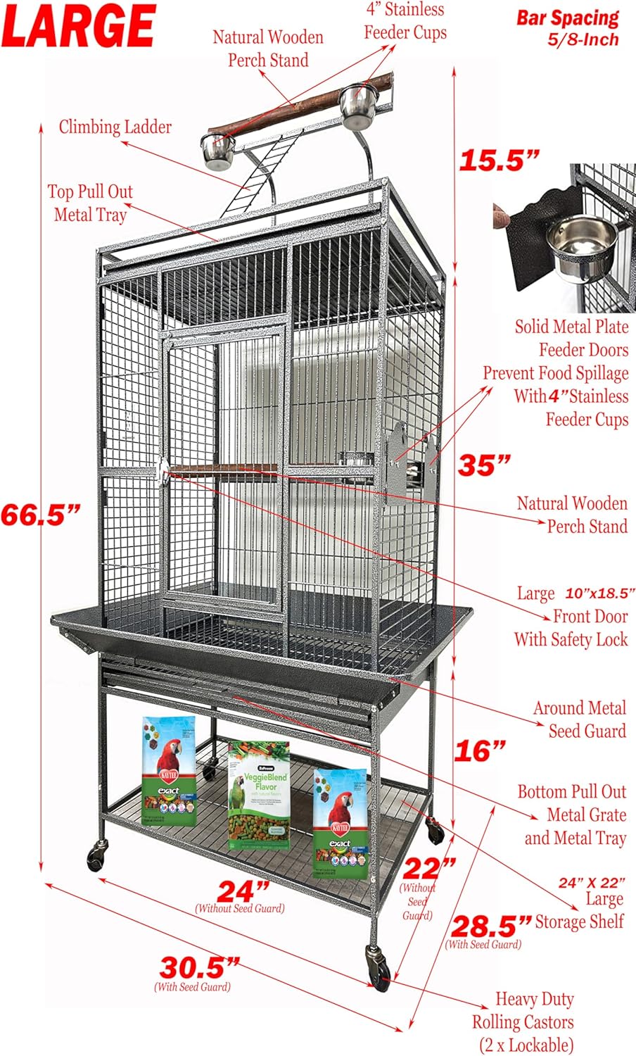 Large Elegant and Durable Wrought Iron Play Ground Perch Stand Top Climbing Ladder Bird Parrot Rolling Metal Cage with Around Seed Guard Storage Shelf On Heavy Duty Lockable Rolling Wheels - Happypetzone.online - Image 2