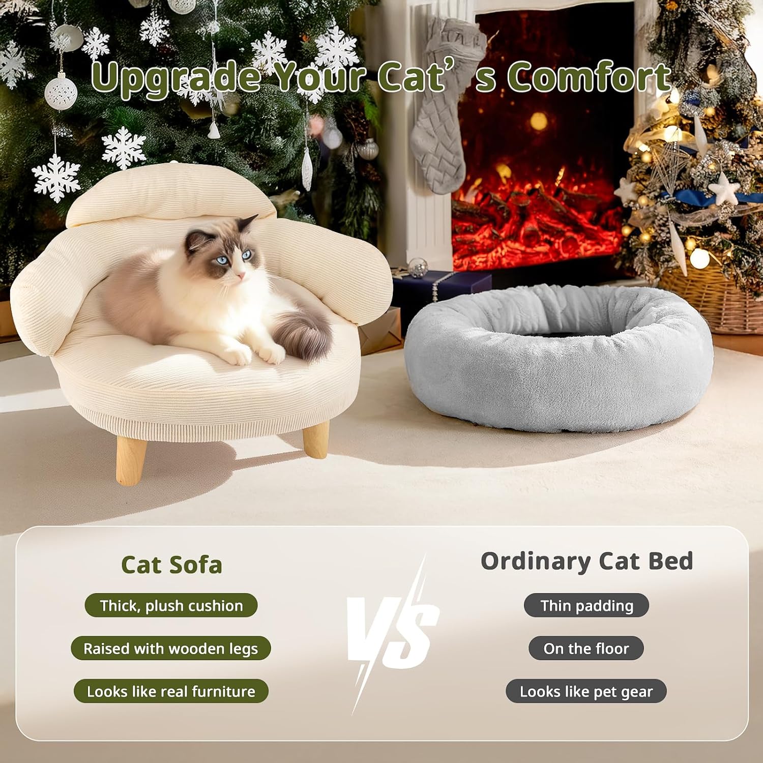 Cat Sofa Furniture-Style Pet Bed with Removable Cotton Velvet Cover, Solid Pine Wood Legs, for Cats and Small Dogs, White - Happypetzone.online - Image 5