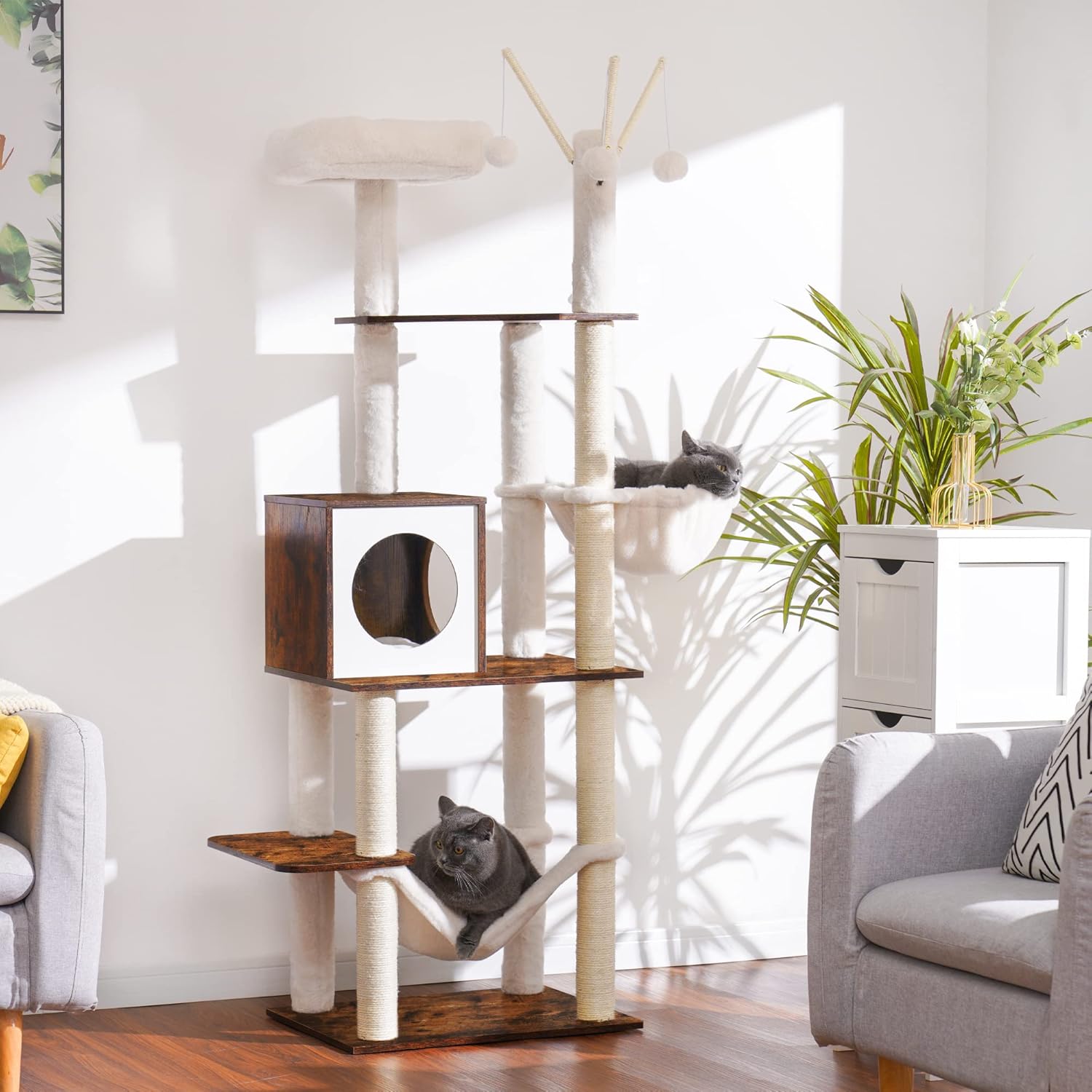Hey-brother Wooden Cat Tree, 66.1“ Cat Furniture with Scratching Posts, Modern Cat Tower with hammocks, Toys, cat condo, Rustic Brown MPJ120SR - Happypetzone.online - Image 2