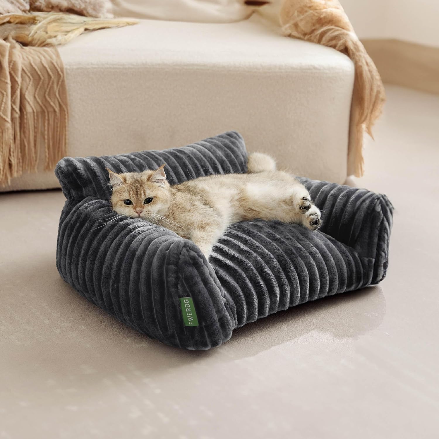 Cute Couch Bed for Pets, Supportive Cat Sofa for Indoor Cats, Small Dog Sofa Bed for Small Dogs, Grey, 24 inches - Happypetzone.online - Image 2