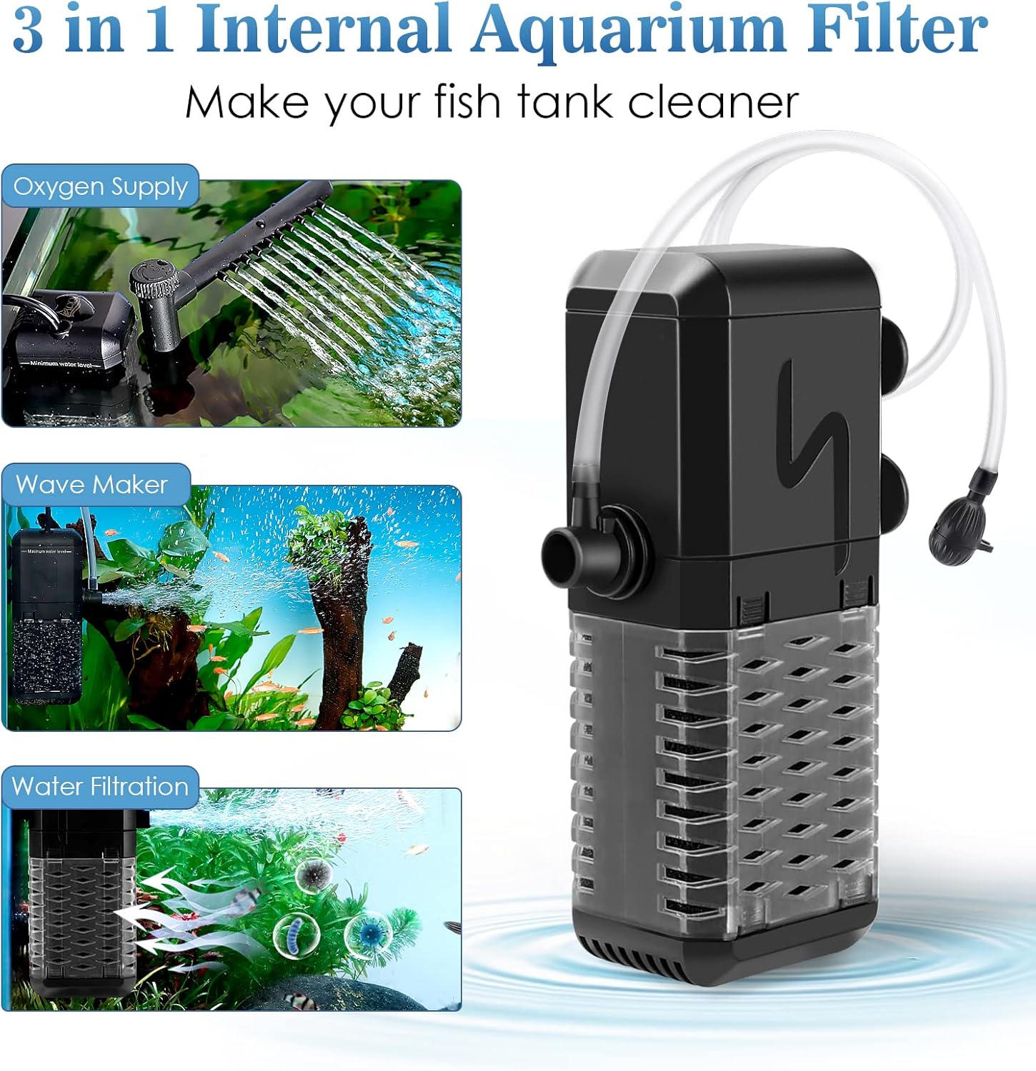 AQQA Aquarium Filter, Submersible Power Fish Tank Filter with Rainwater Aerator System Adjustable Water Flow Design, Ultra Silent Biochemical Sponge Filtration Up to Fish Tank 50 Gallon (6W-158GPH) - Happypetzone.online - Image 3
