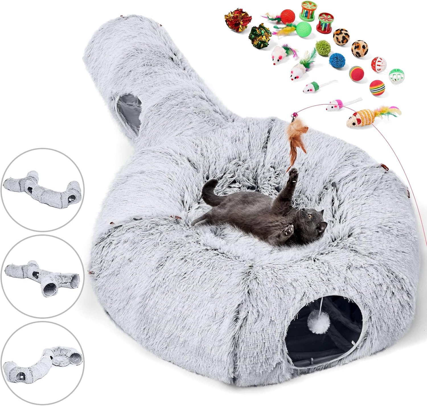 Odoland Cat Tunnels Bed with 1 Straight Tunnel and 20 Pet Toys - 5 Shapes DIY Indoor Cats Cave - Detachable Soft Cat Donut Tunnelset for Kitten Puppy Rabbit Ferret - Happypetzone.online - Image 8