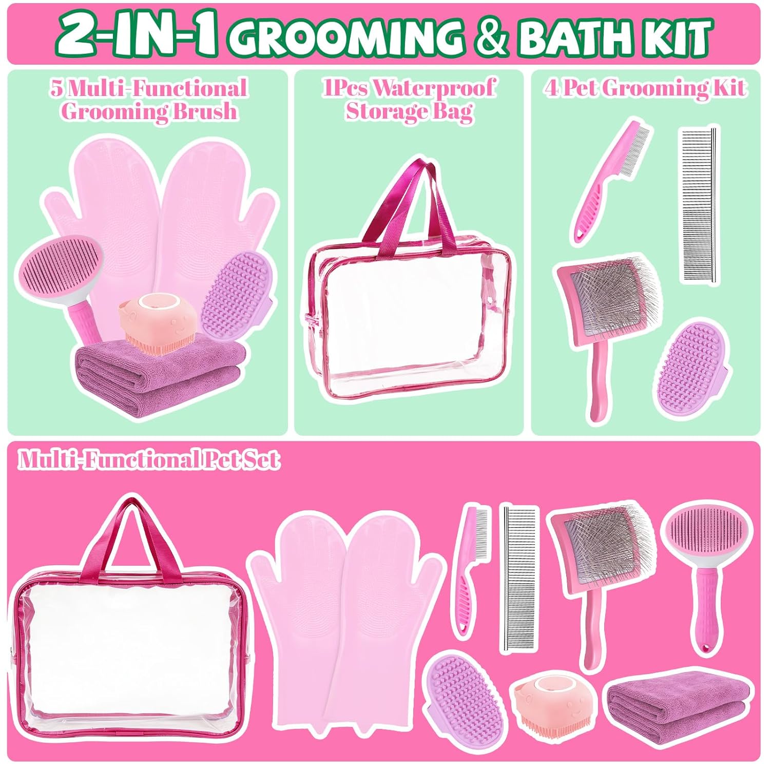 8PCS Dog Slicker Brush for Dogs Grooming Kit,Bath Grooming Kit for Pets,Hair Brush Set with Towel,Washing Gloves,Slicker Comb,and Shampoo Scrubber Brush for Small and Large Dogs and Cats Cats(Pink) - Happypetzone.online - Image 2