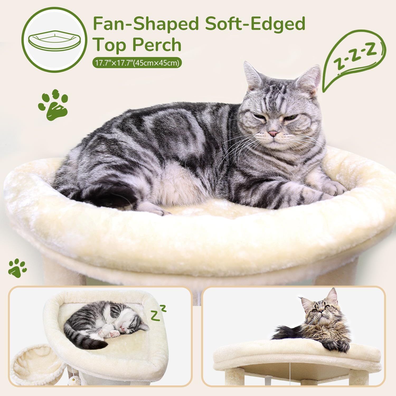 Globlazer Corner Cat Tree, 51in Curved Series Modern Cat Tower for Indoor Cats with Hammock, 7 Sisal Scratching Posts, Large Fan-Shaped Platform for Large Cats, Cat Condo & Hanging Basket, C51, Beige - Happypetzone.online - Image 4