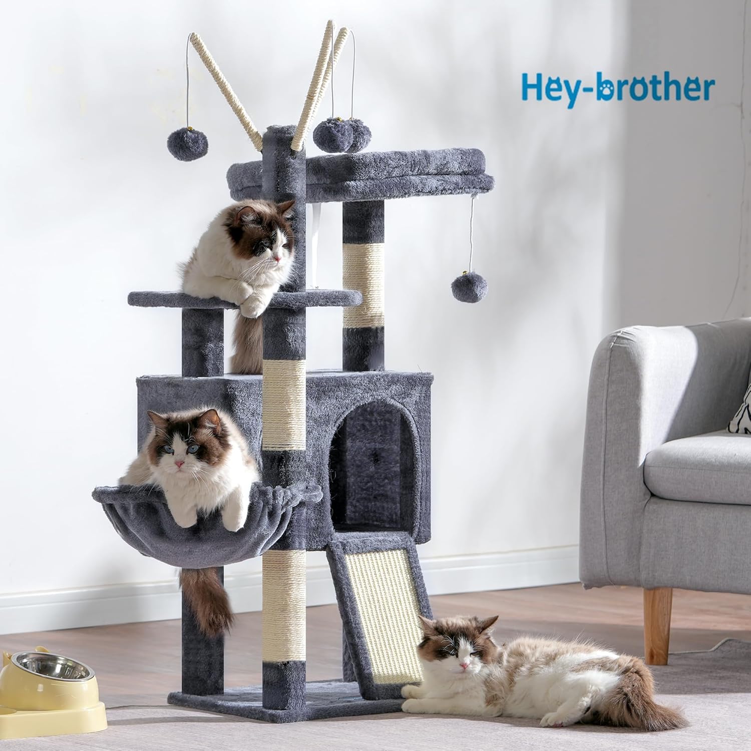 Hey-brother Cat Tree Tower, Scratching Posts with Removable Toys, Cozy Condo, Platform, Hammock, Sisal Scratch Board and Ball for Indoor Kittens, 41.3 Inches, Smoky Gray MPJ008SG - Happypetzone.online - Image 7