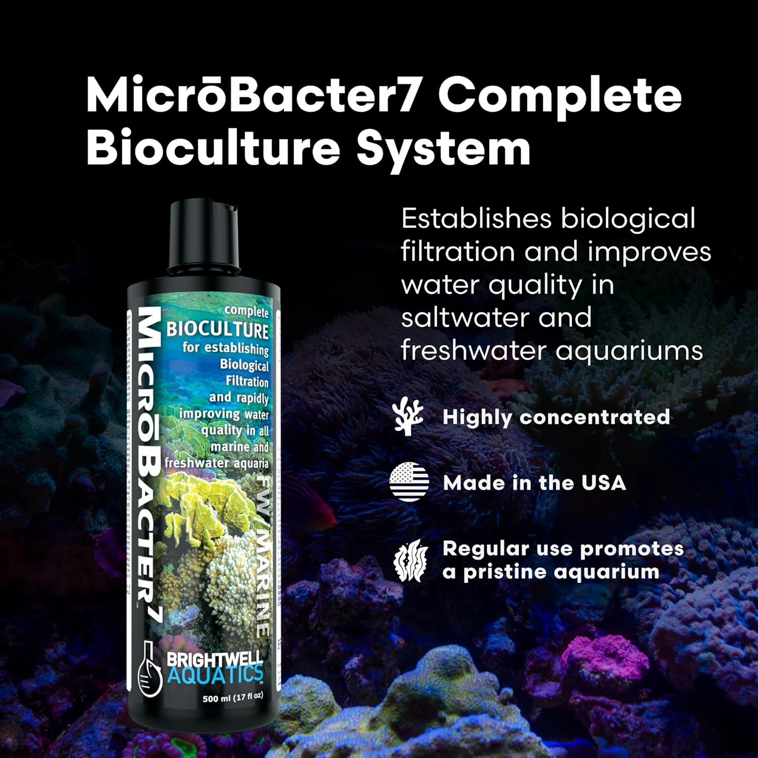 Brightwell Aquatics MicroBacter7 Complete Bioculture for Fish Tank or Aquarium - Populates Biological Filter Media for Saltwater and Freshwater Fish - Aquarium Water Treatments, 16.9 fl oz - Happypetzone.online - Image 2