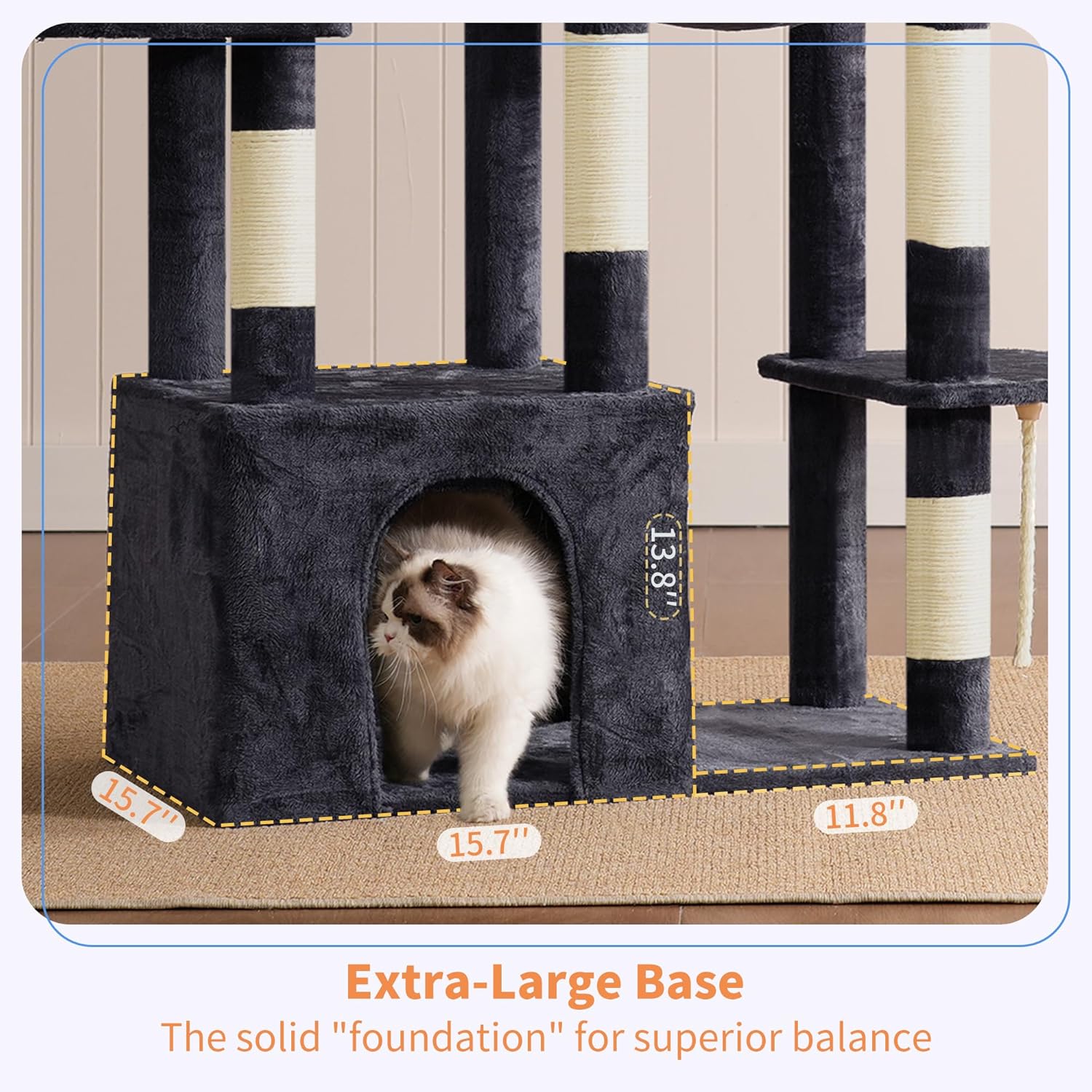 Heybly Heavy Duty Cat Tree, Tower for Indoor Cats large adult, Tall Cat Condo House with Extra-Large Baseboard, Multi-Level Plush Furniture with Scratching Posts, Hammock,Toy Balls, Smoky Gray HCT026G - Happypetzone.online - Image 4