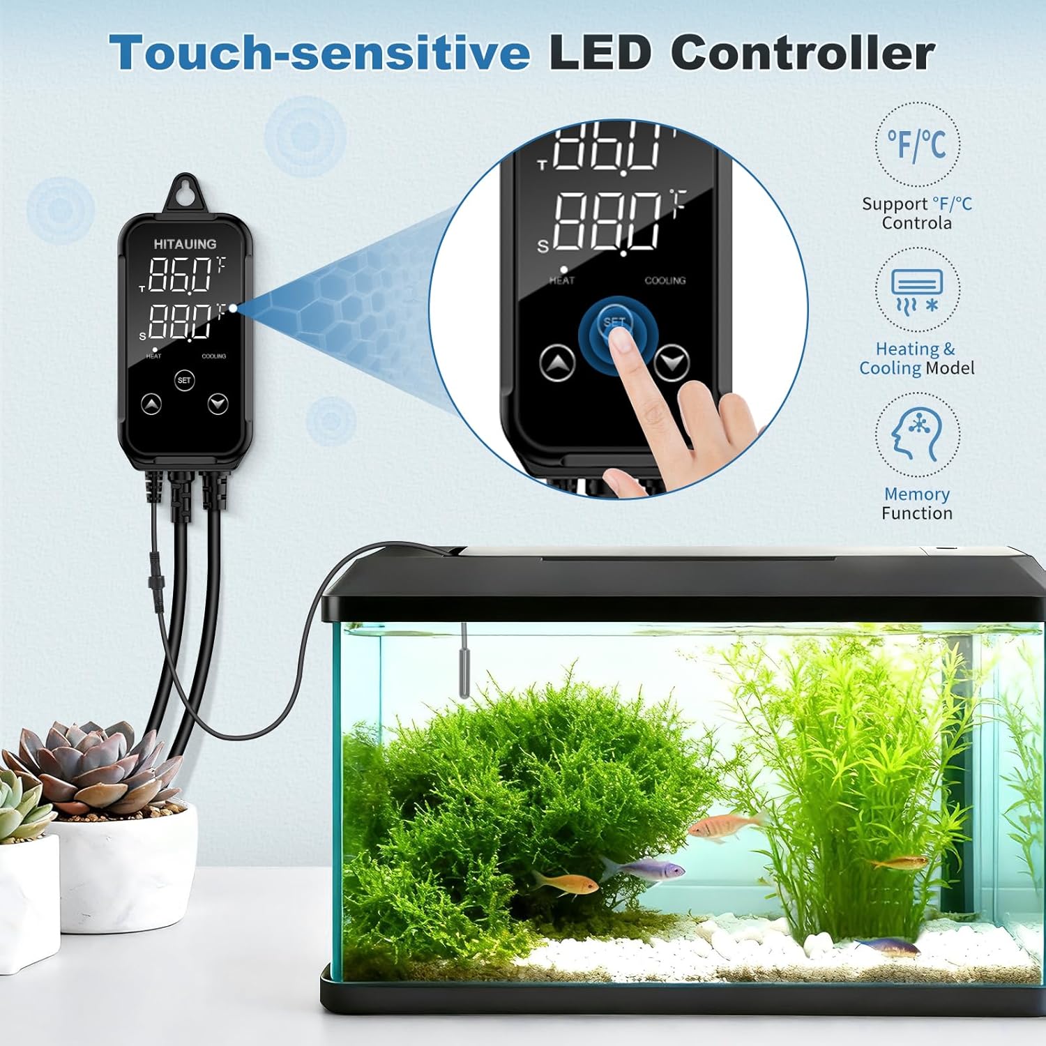 HiTauing Digital Temperature Controller, Aquarium Heater Reptile Thermostat Heating and Cooling Dual Outlet with Seawater-Resistant Probe for Fish Tanks, Reptile Tanks, Greenhouse & Seedling Mat - Happypetzone.online - Image 2