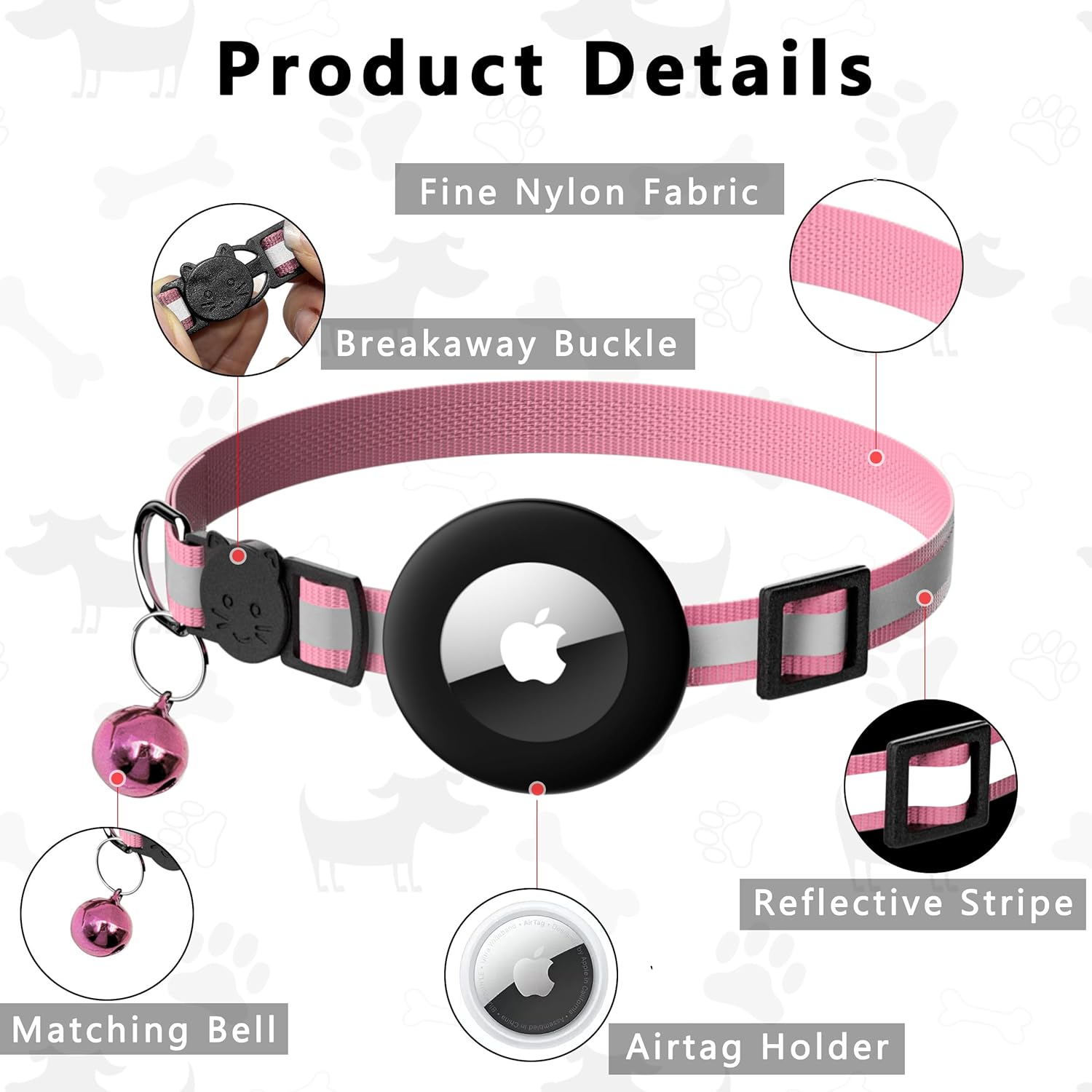 Seyezo Airtag Cat Collar Breakaway, Reflective Kitten Collar with Air Tag Holder, Lightweight Airtag Cat Collar with Bell for Boys Girls, GPS Tracker 0.4’’ Width Adjustable with Safety Buckle, Pink - Happypetzone.online - Image 3